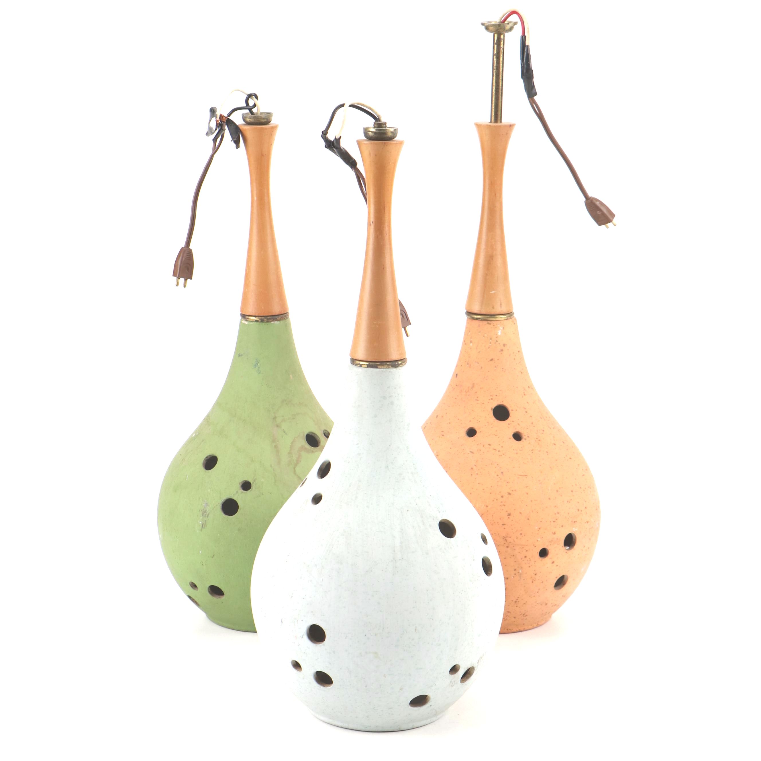 Vintage MCM Wood and Ceramic Pendant Light Fixtures, Set of Three