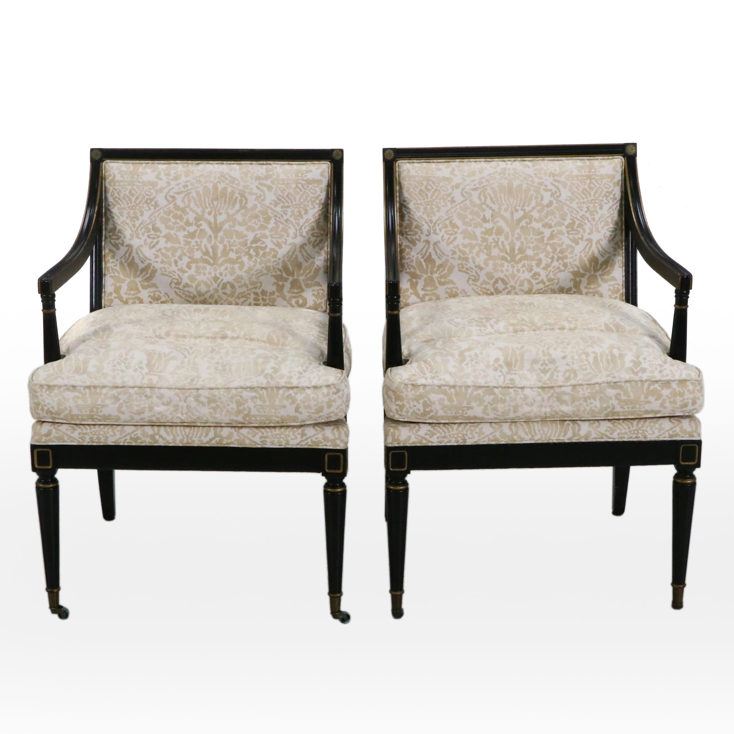 Pair of Regency Style Armchairs with Fortuny Upholstery, Late 20th Century