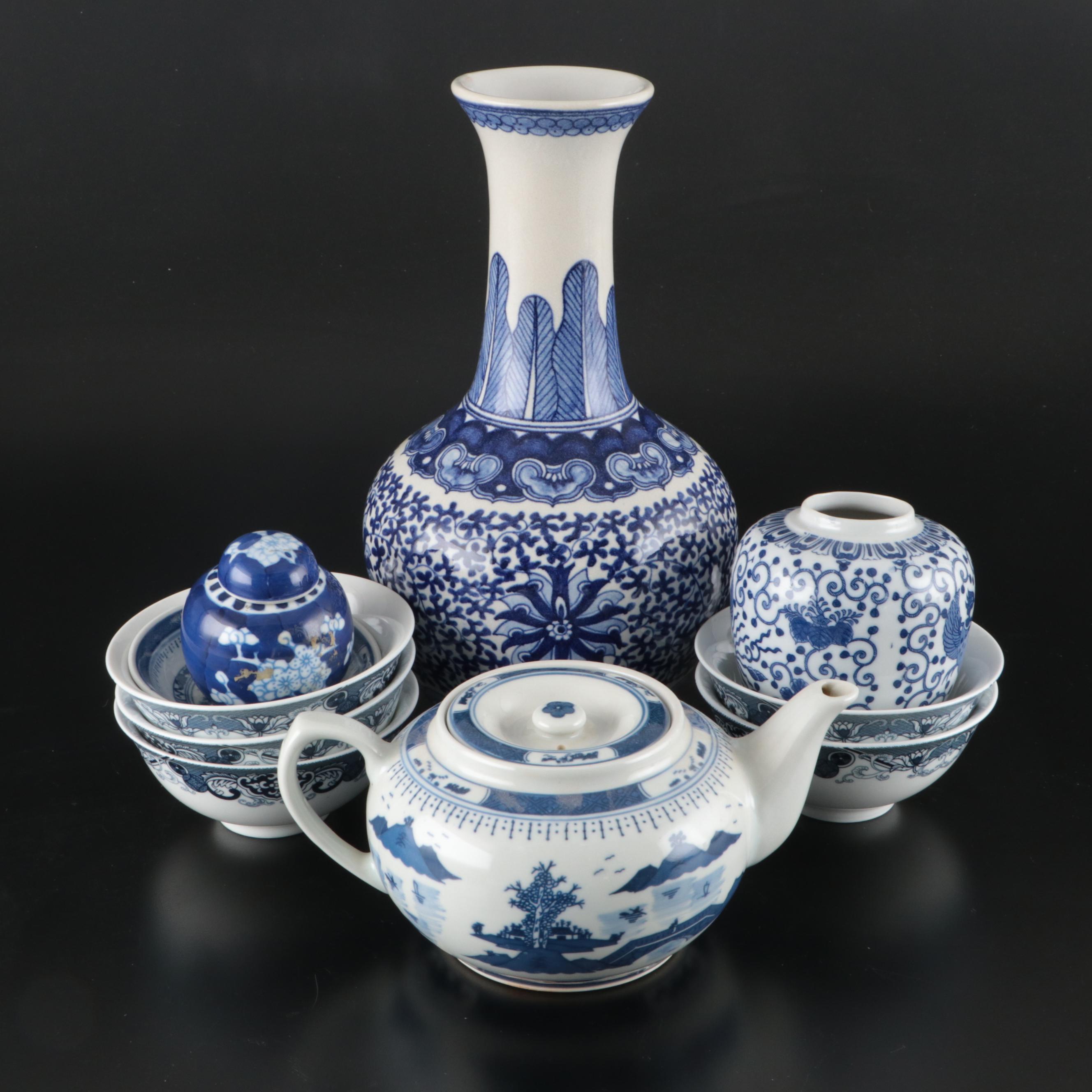 Chinese Canton Style Teapot with Vase and Other Porcelain Décor