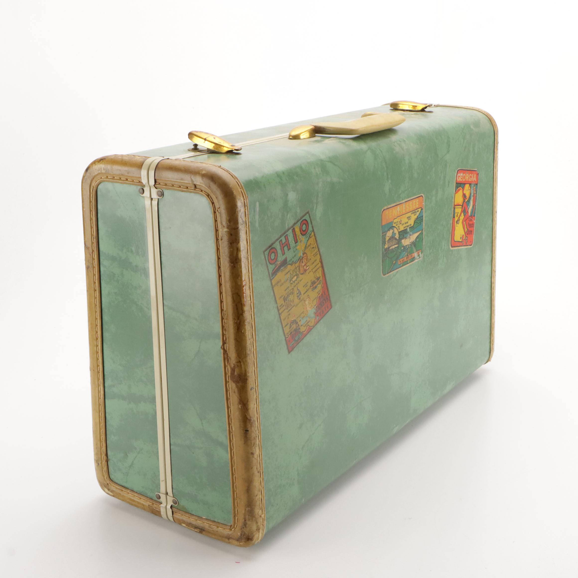Vintage Samsonite Luggage Hardside Suitcases in Marbled Bermuda Green & Leather