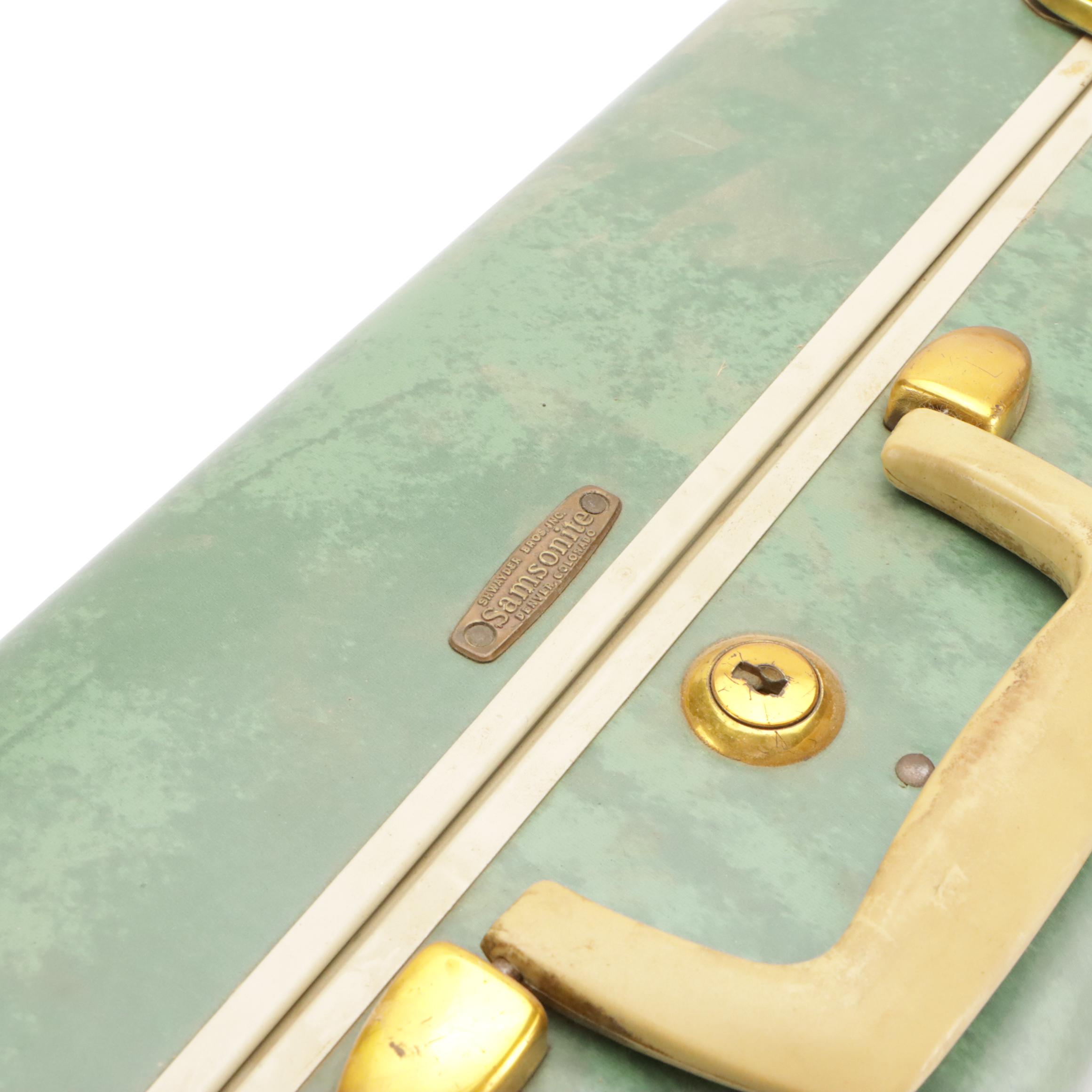 Vintage Samsonite Luggage Hardside Suitcases in Marbled Bermuda Green & Leather