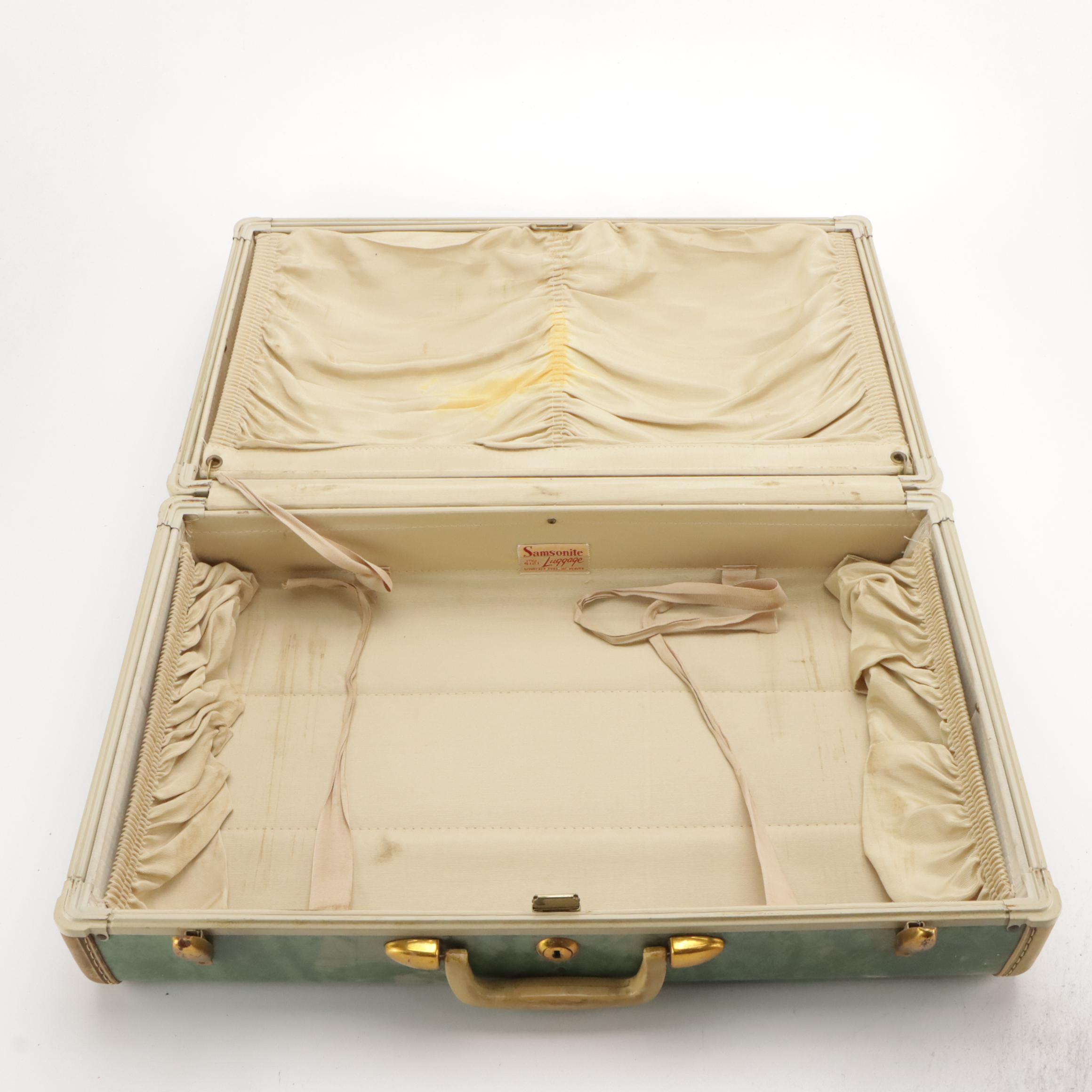 Vintage Samsonite Luggage Hardside Suitcases in Marbled Bermuda Green & Leather