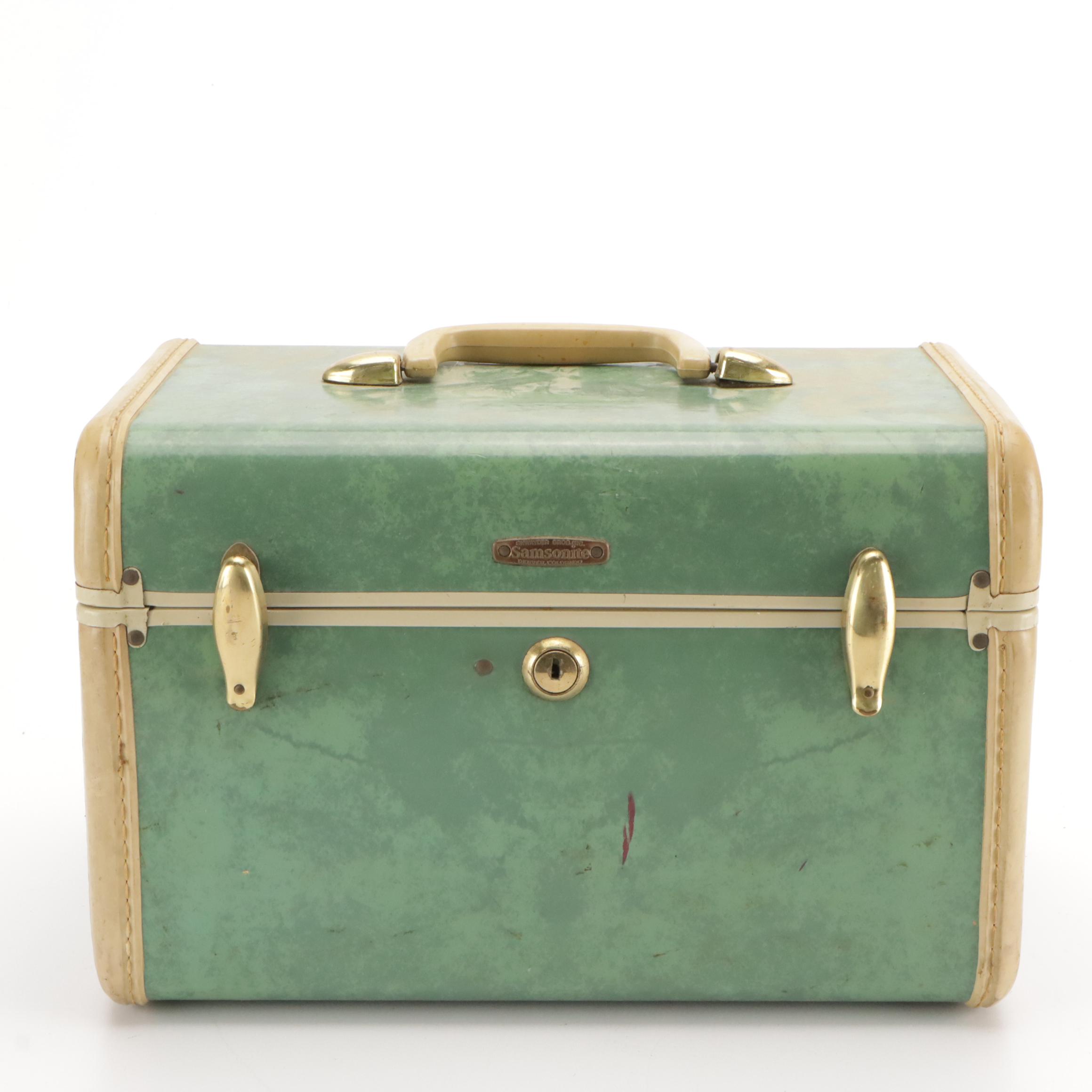 Vintage Samsonite Luggage Hardside Suitcases in Marbled Bermuda Green & Leather