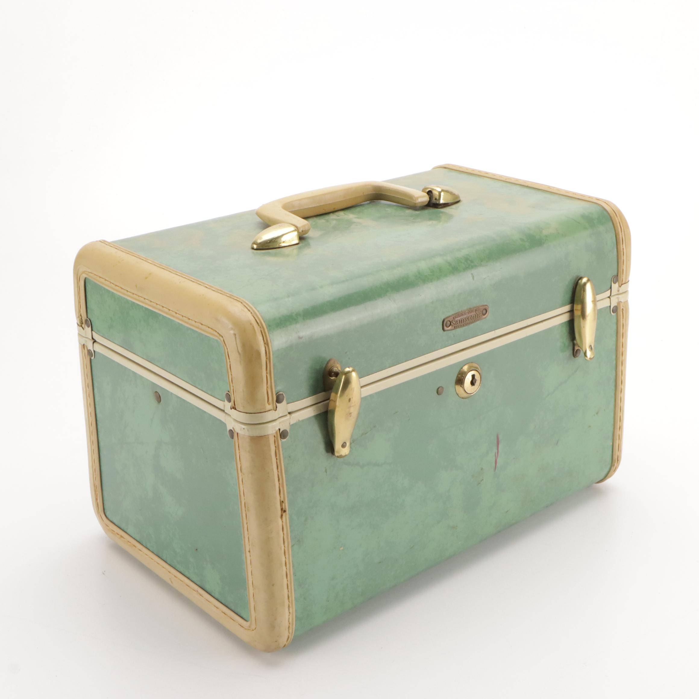 Vintage Samsonite Luggage Hardside Suitcases in Marbled Bermuda Green & Leather