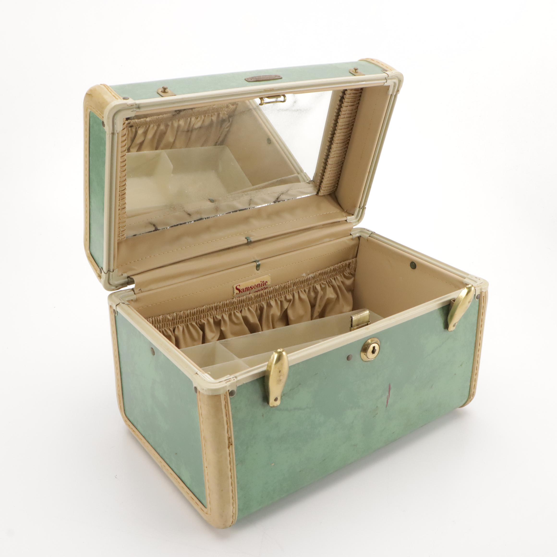 Vintage Samsonite Luggage Hardside Suitcases in Marbled Bermuda Green & Leather