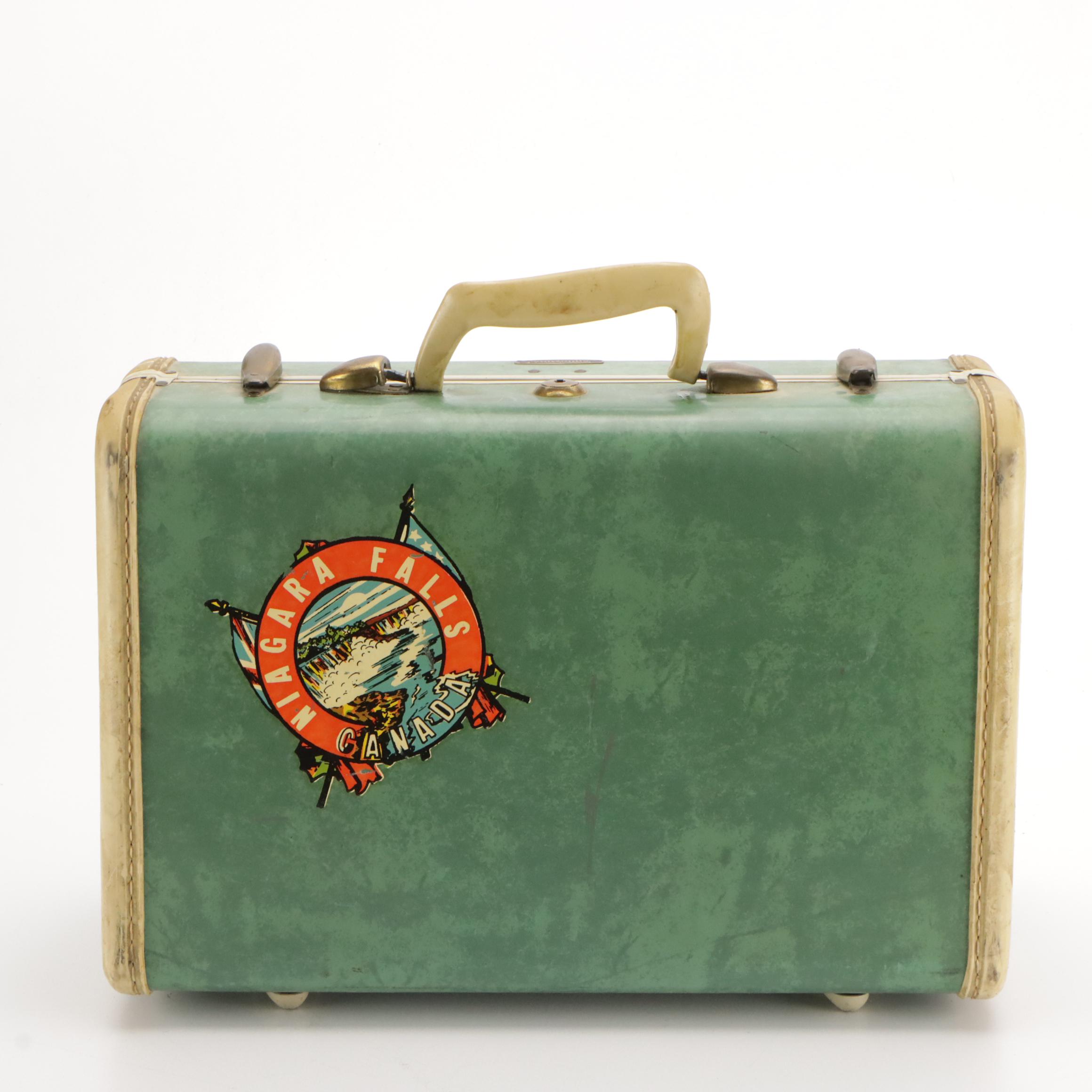 Vintage Samsonite Luggage Hardside Suitcases in Marbled Bermuda Green & Leather