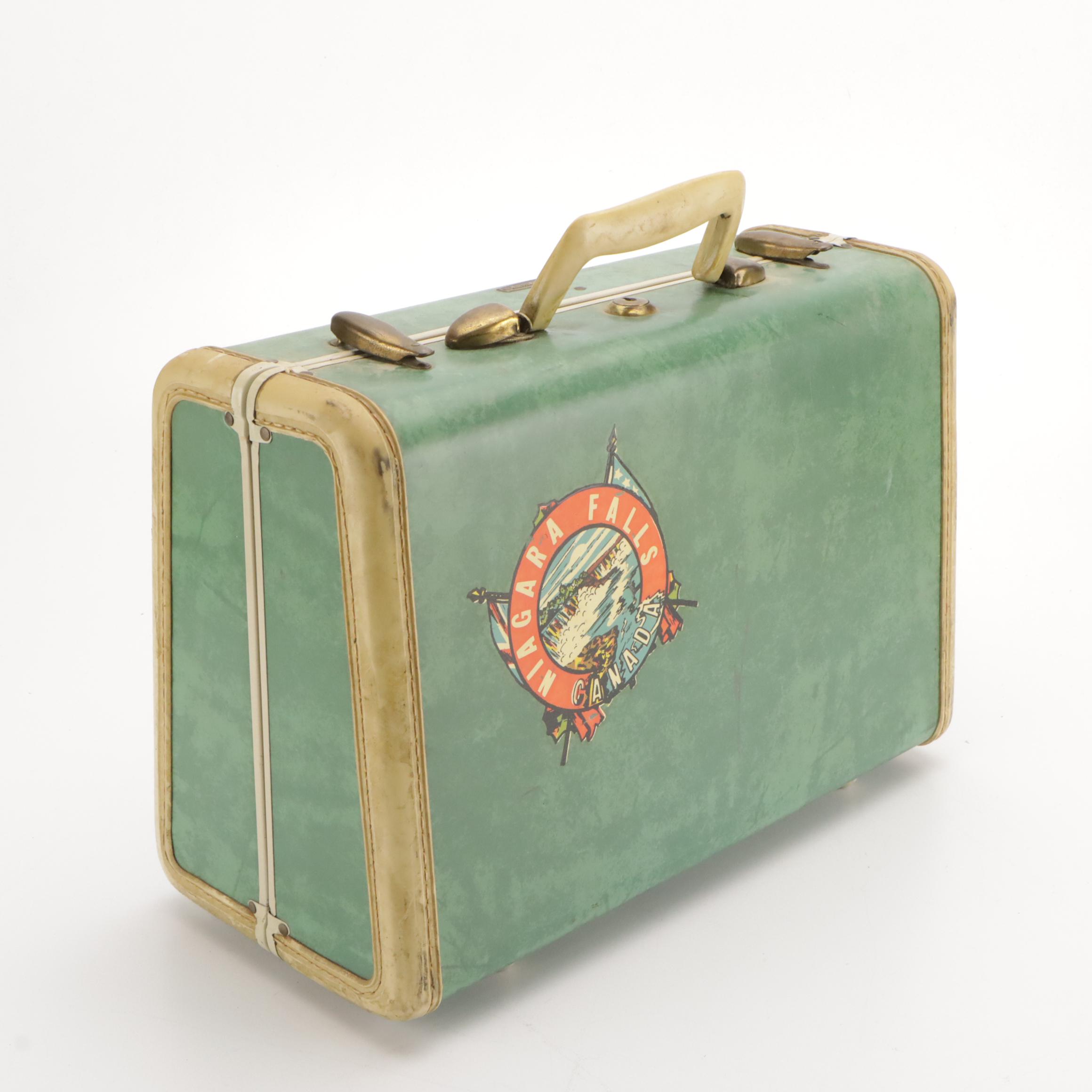 Vintage Samsonite Luggage Hardside Suitcases in Marbled Bermuda Green & Leather