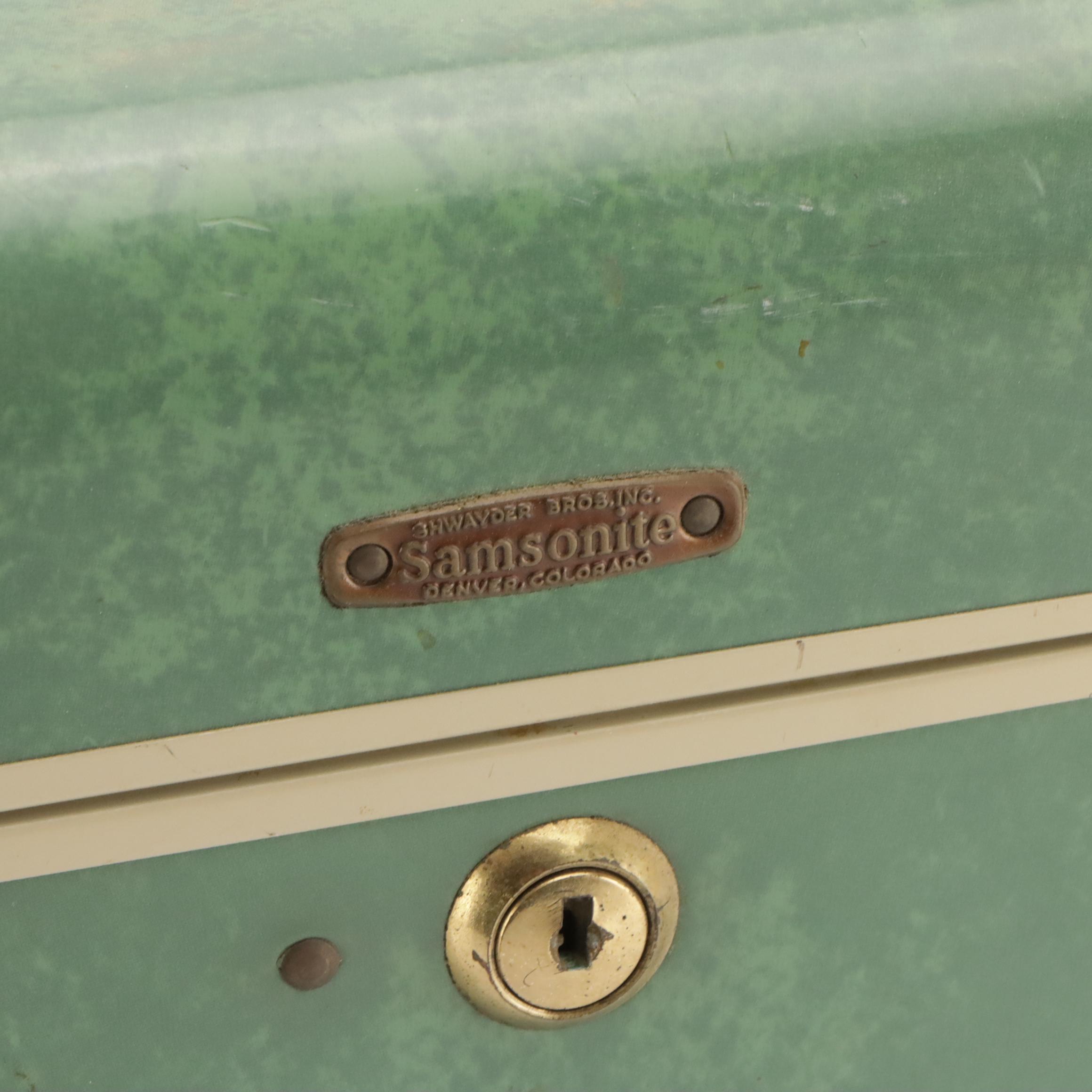 Vintage Samsonite Luggage Hardside Suitcases in Marbled Bermuda Green & Leather