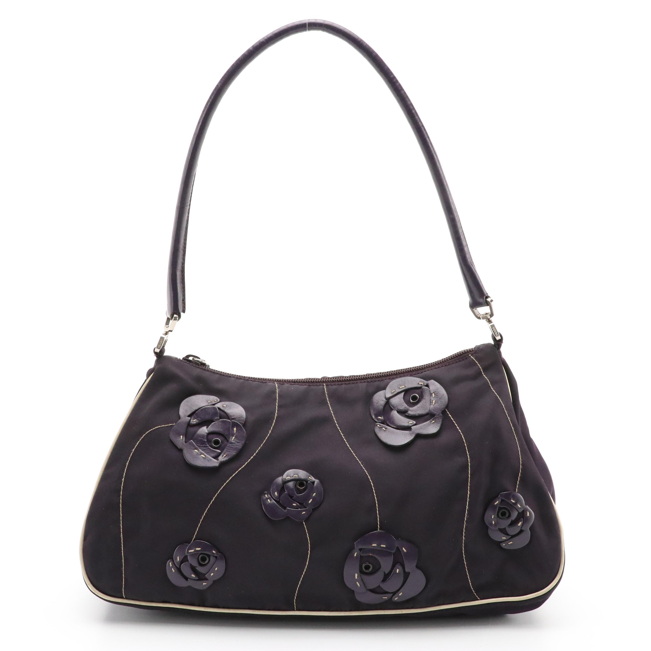 Prada Hobo Shoulder Bag in Dark Purple Nylon with Leather Floral Detailing