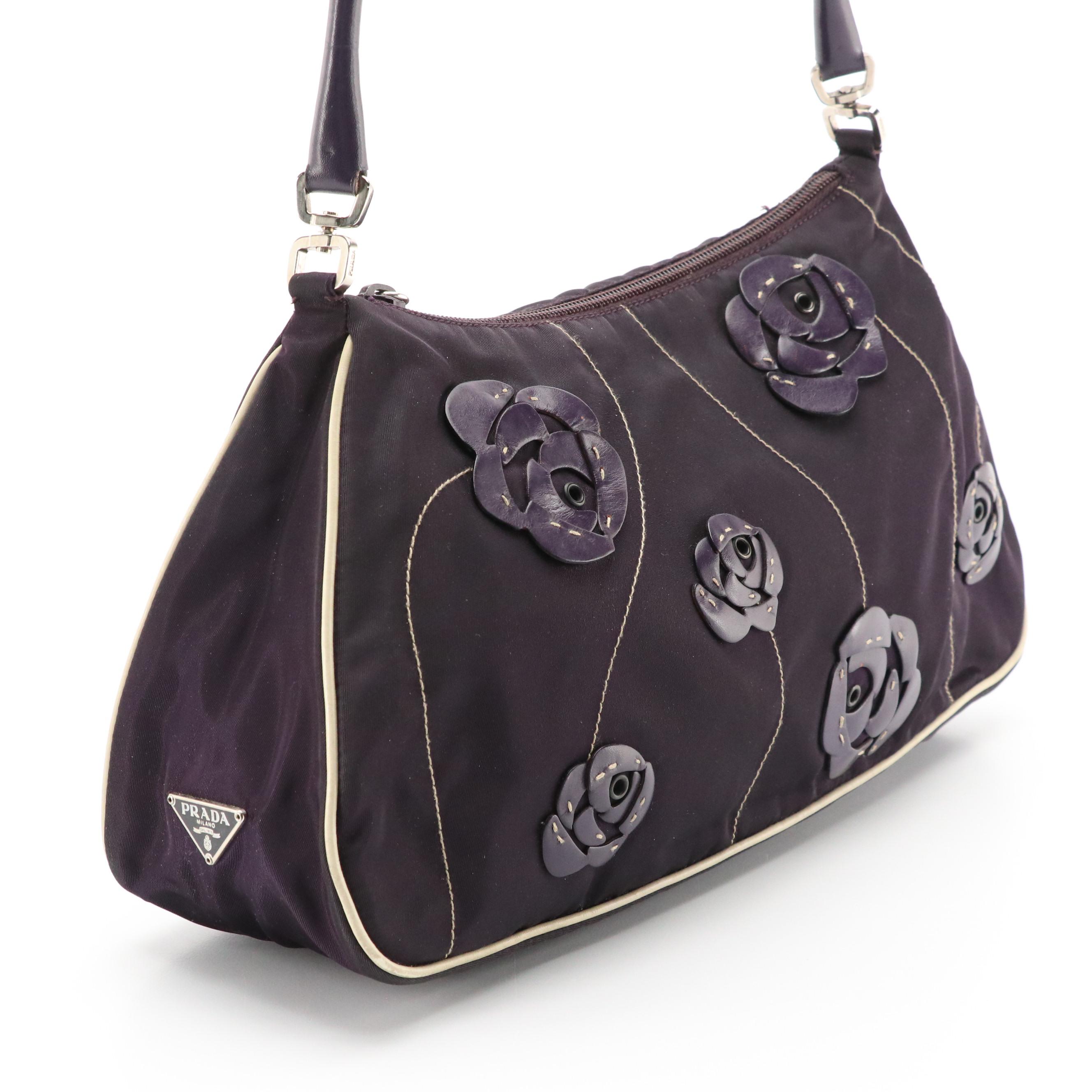 Prada Hobo Shoulder Bag in Dark Purple Nylon with Leather Floral Detailing