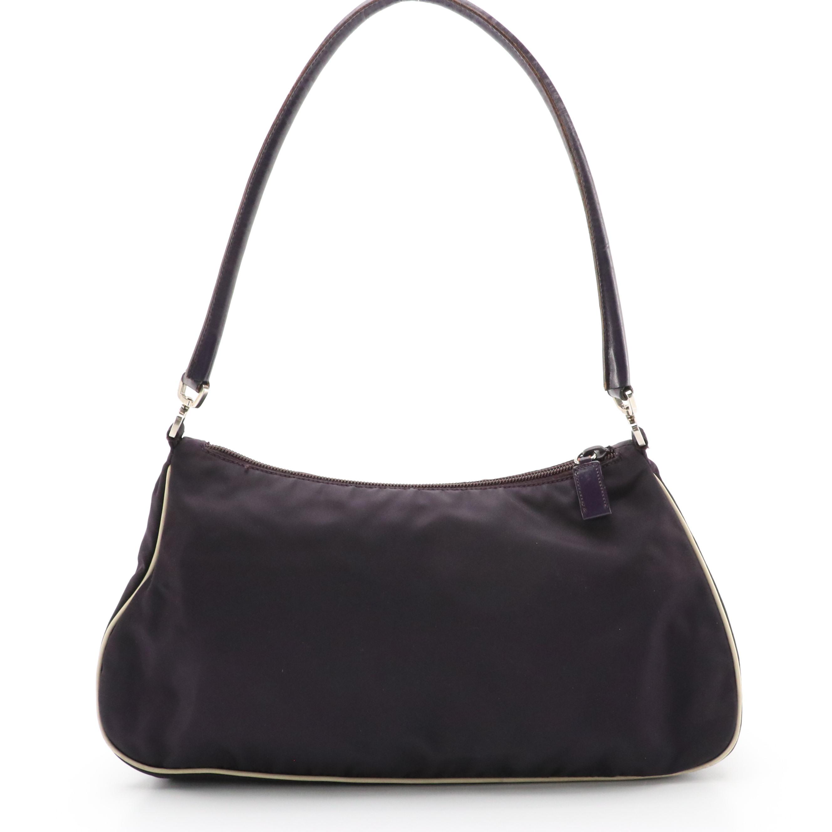 Prada Hobo Shoulder Bag in Dark Purple Nylon with Leather Floral Detailing