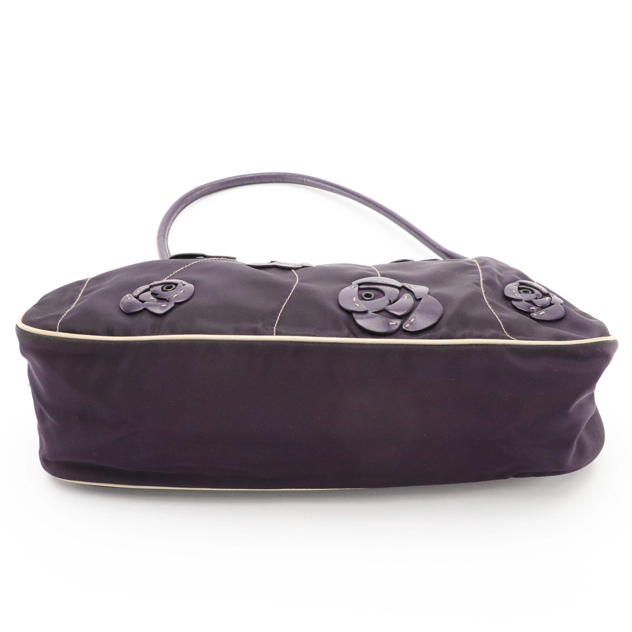 Prada Hobo Shoulder Bag in Dark Purple Nylon with Leather Floral Detailing