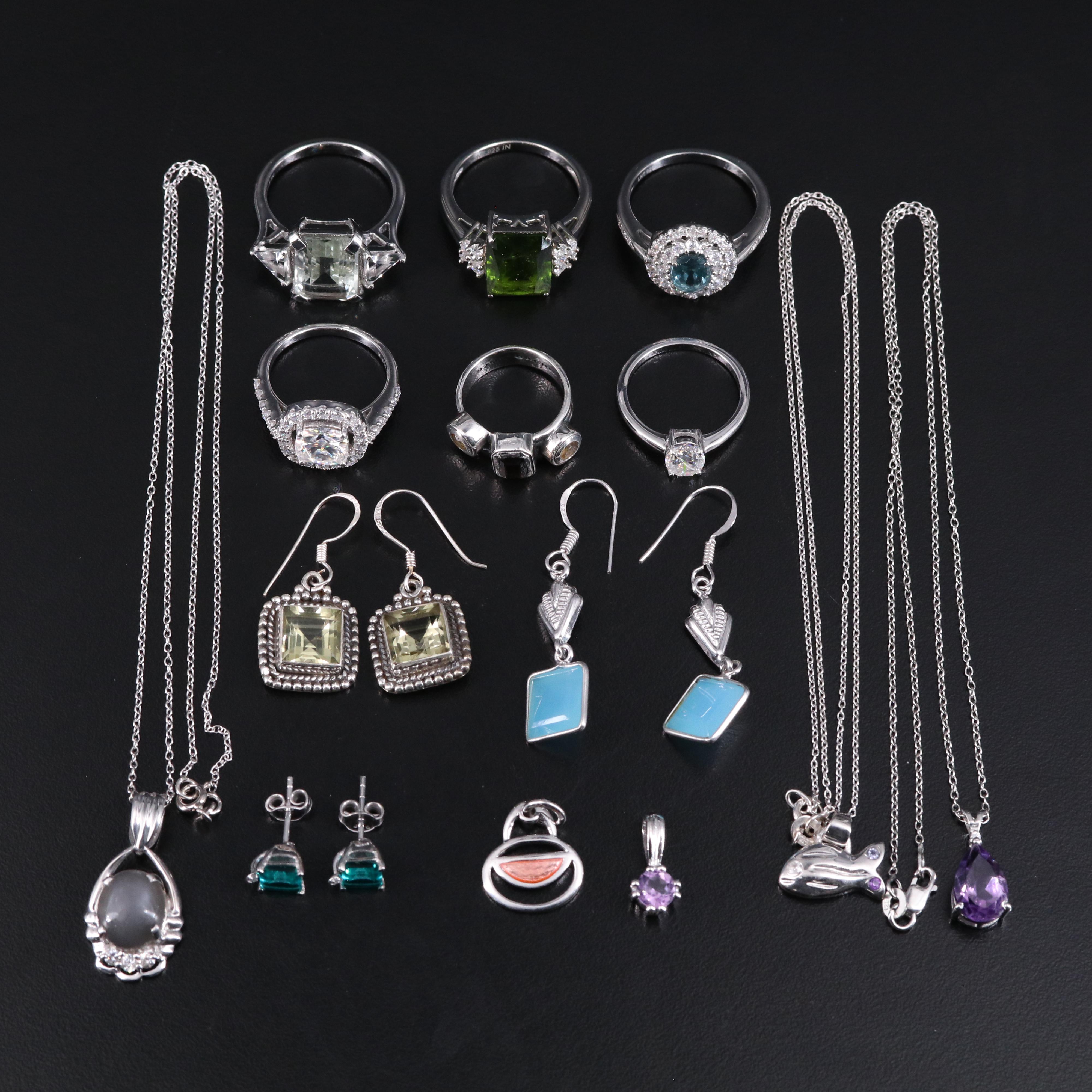 14 Assorted Sterling Silver Rings, Necklaces, Earrings, and Pendants
