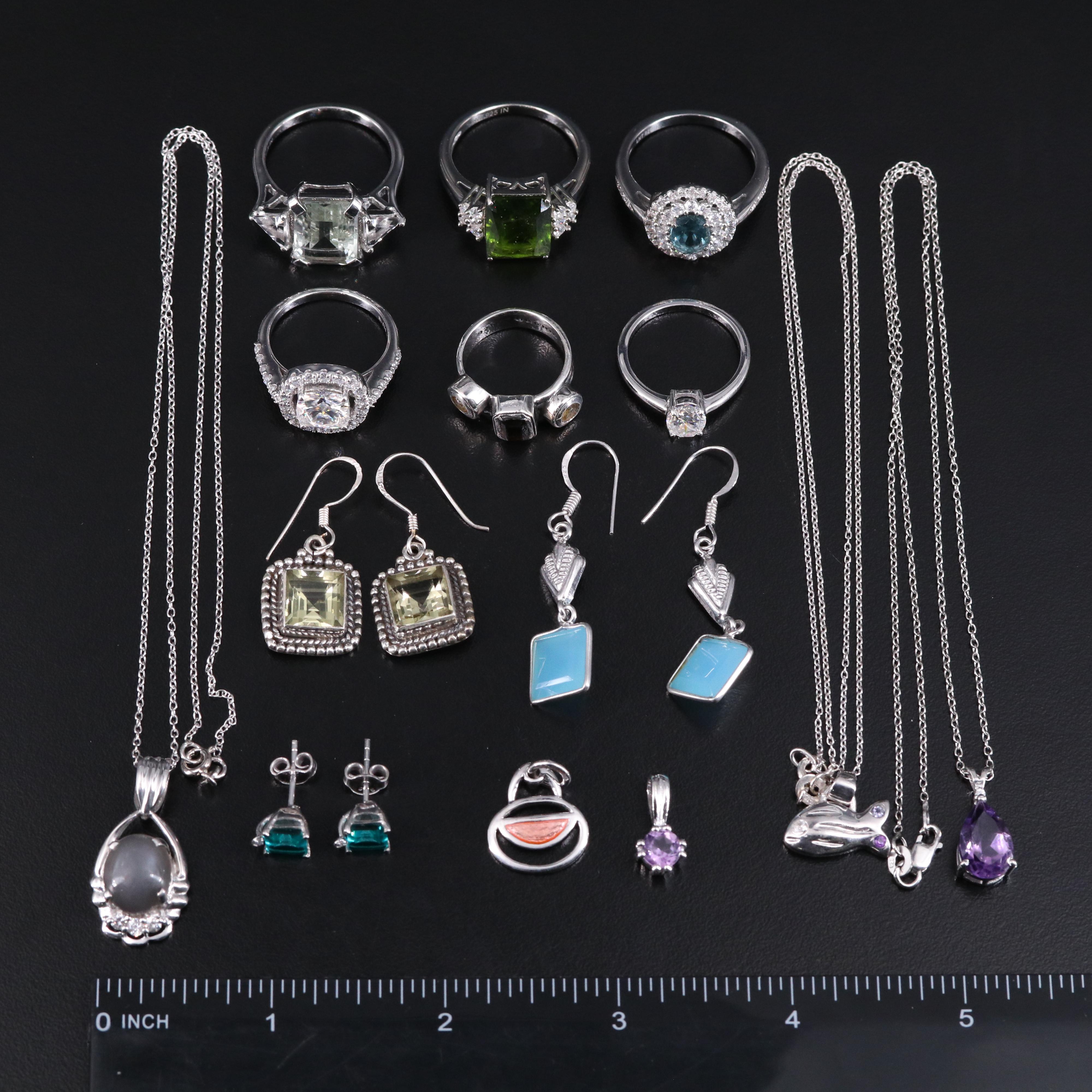 14 Assorted Sterling Silver Rings, Necklaces, Earrings, and Pendants