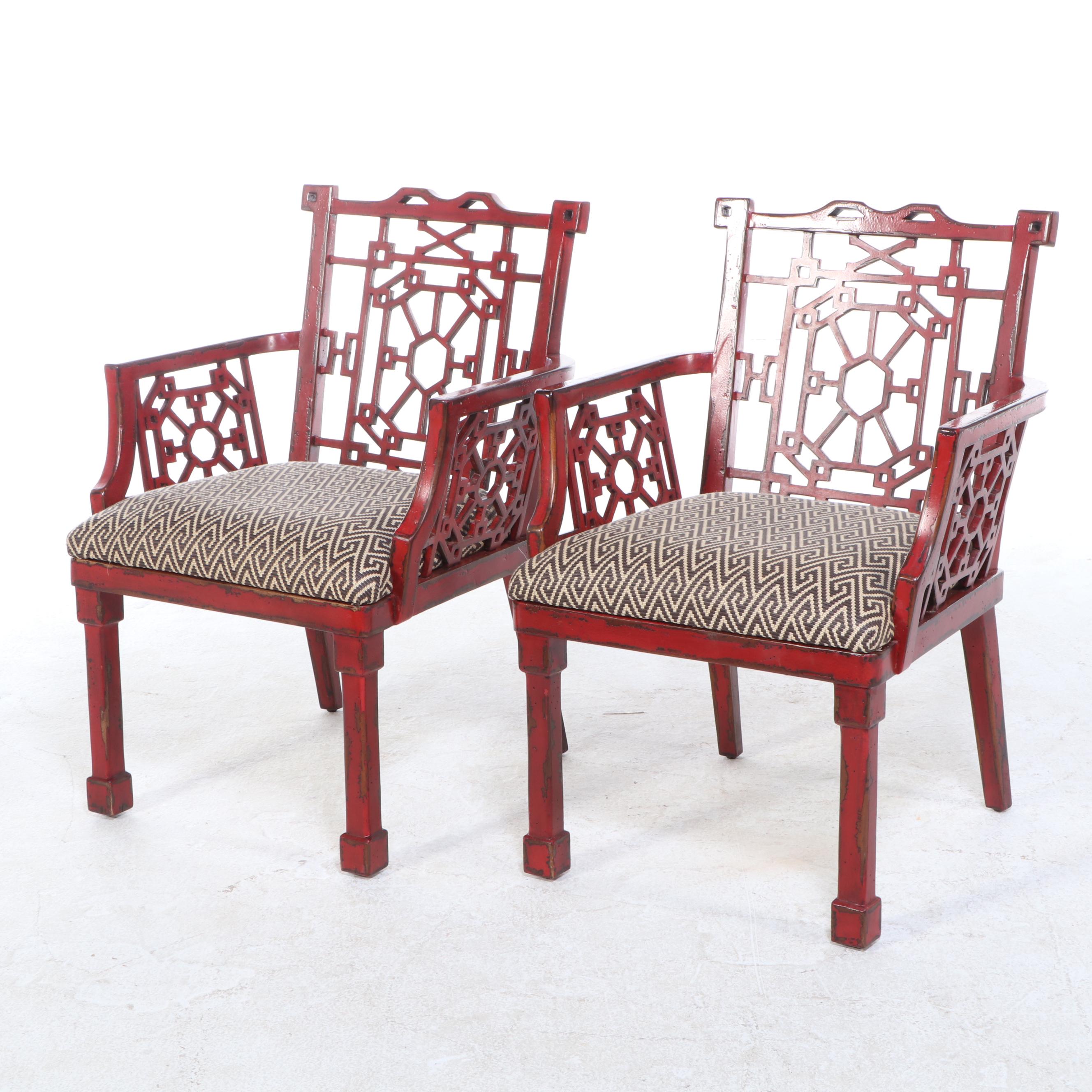 Pair of Uttermost "Camdon" Chinese Chippendale Style Red-Lacquered Armchairs