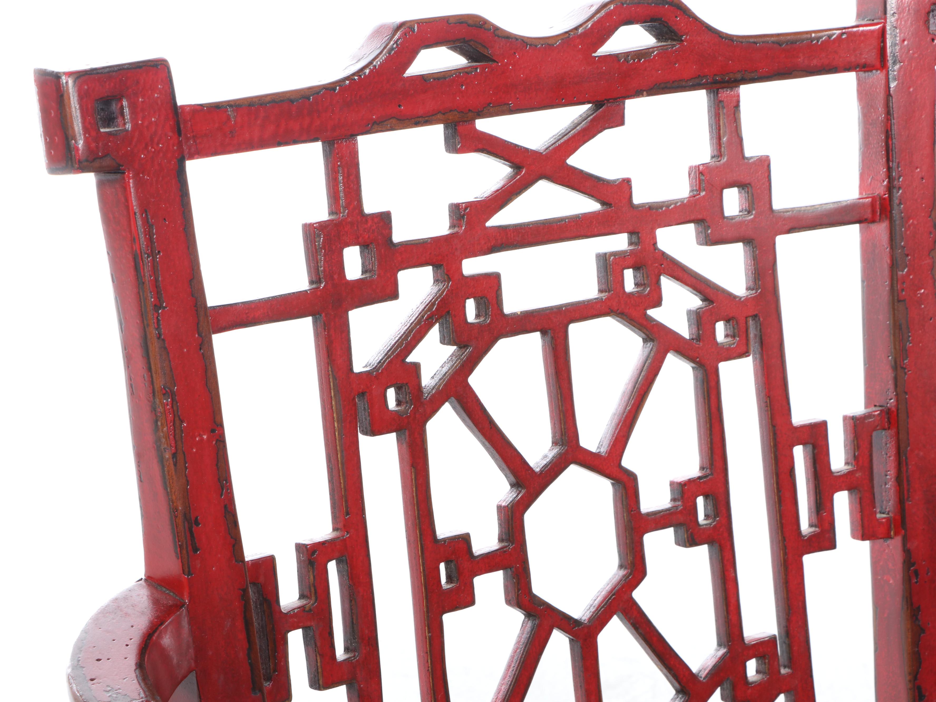 Pair of Uttermost "Camdon" Chinese Chippendale Style Red-Lacquered Armchairs