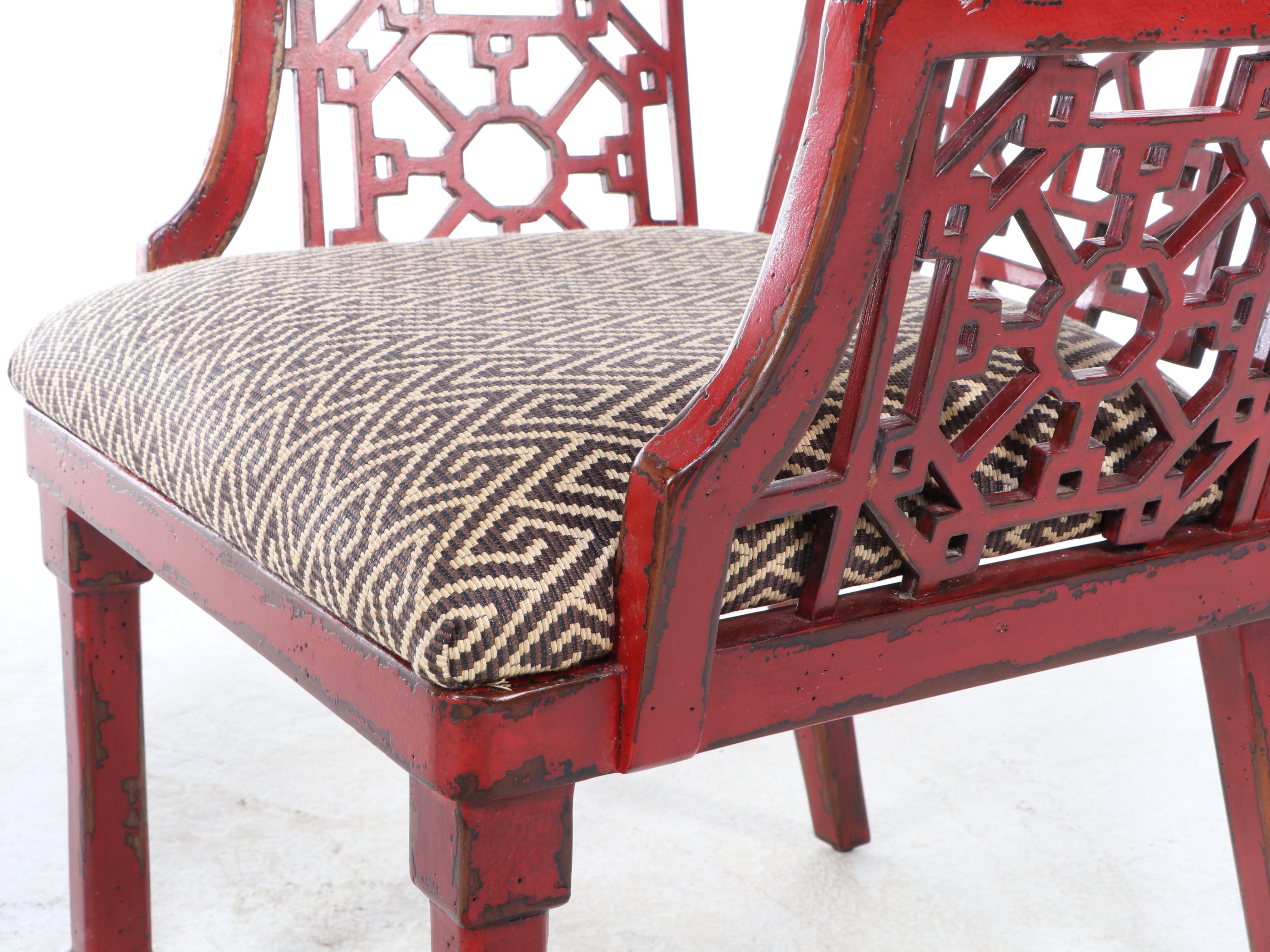 Pair of Uttermost "Camdon" Chinese Chippendale Style Red-Lacquered Armchairs