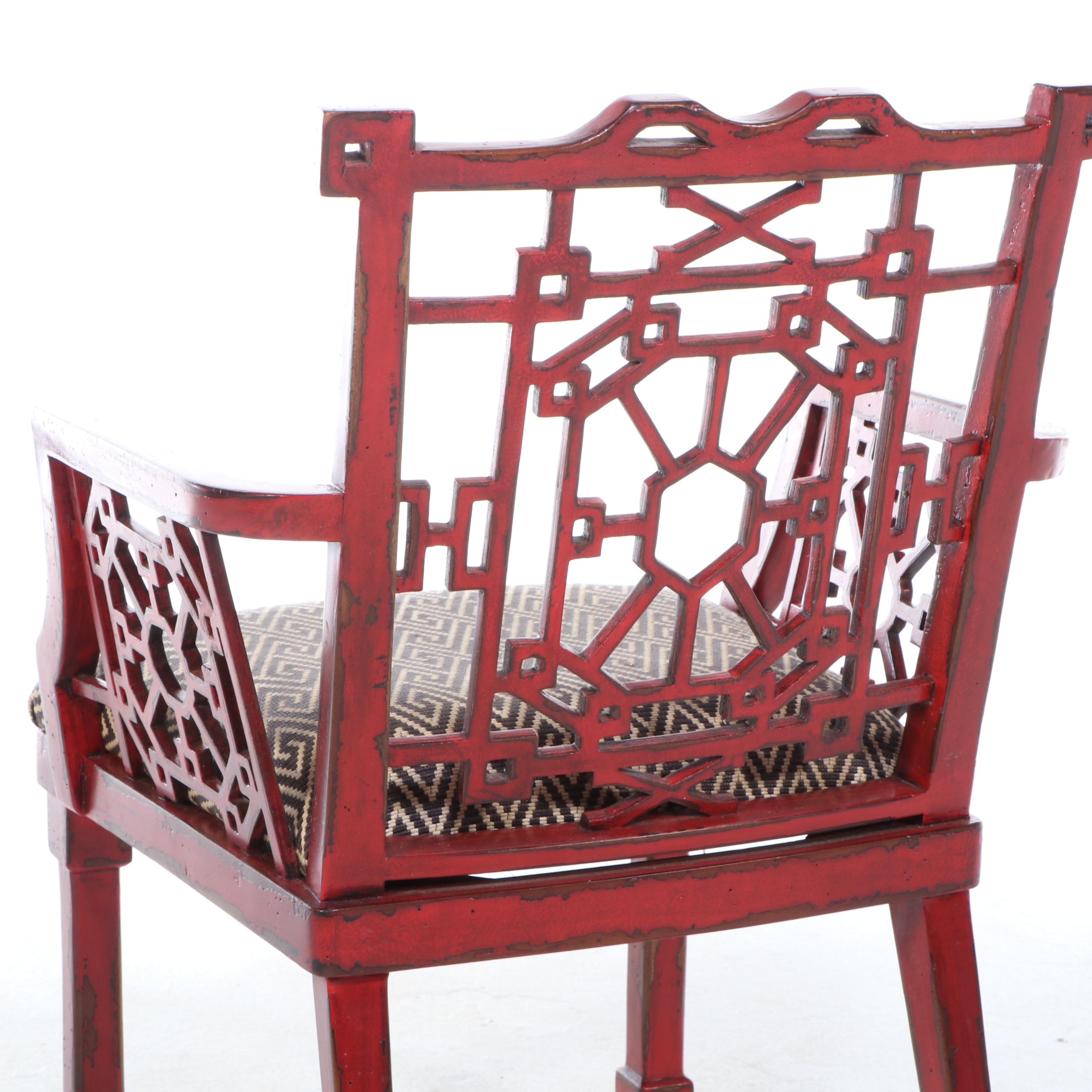 Pair of Uttermost "Camdon" Chinese Chippendale Style Red-Lacquered Armchairs