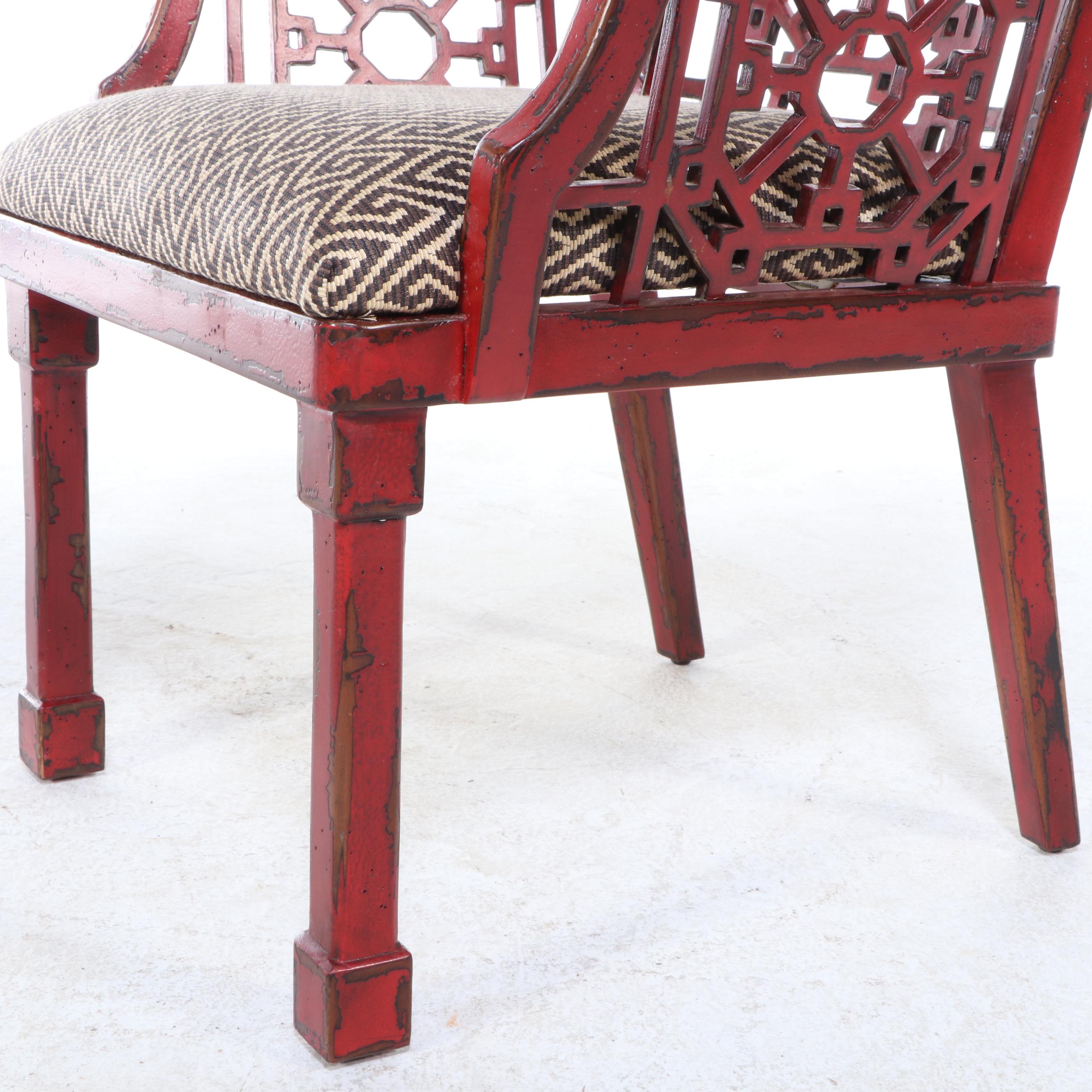 Pair of Uttermost "Camdon" Chinese Chippendale Style Red-Lacquered Armchairs