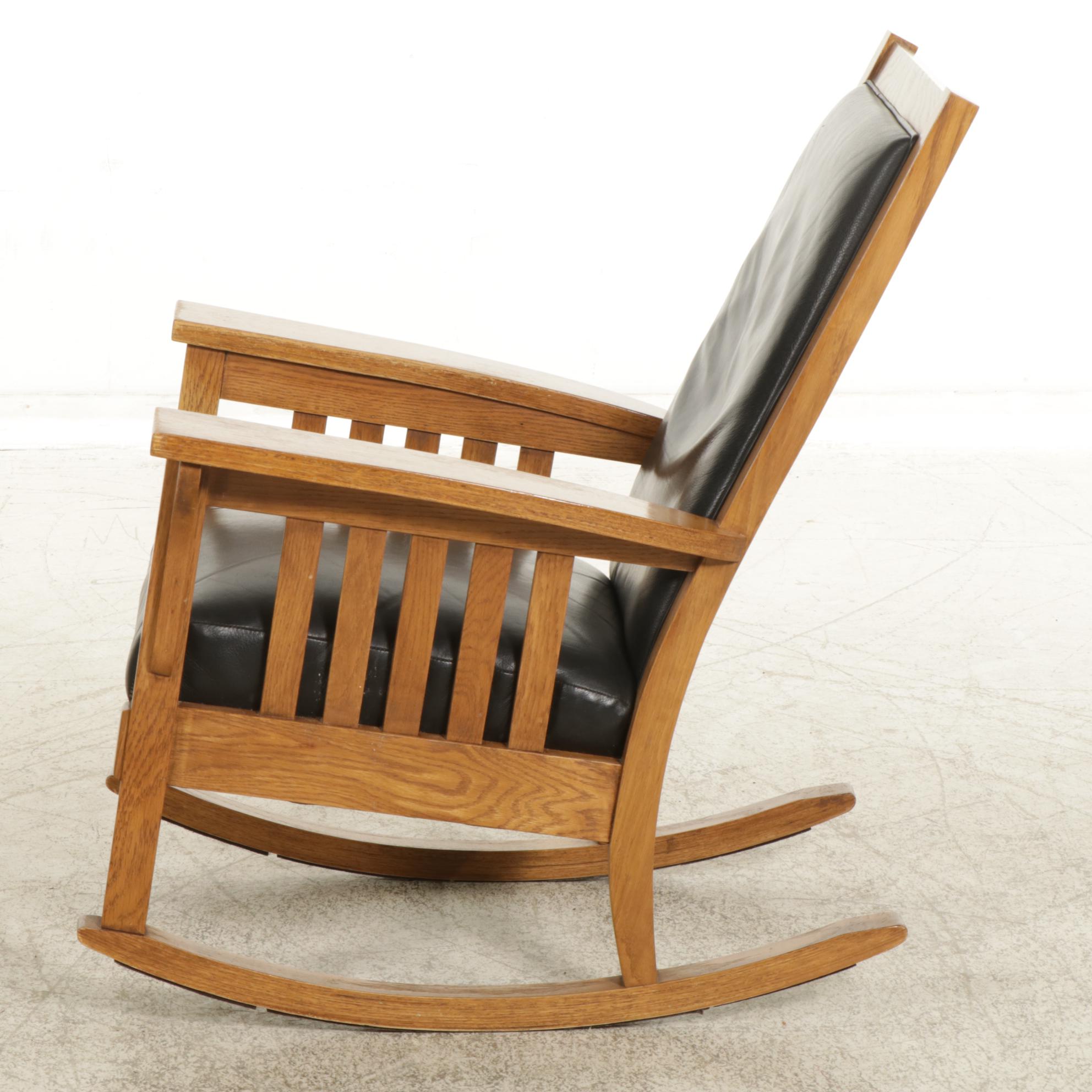 Mission Style Oak Rocking Chair with Faux Leather Upholstery