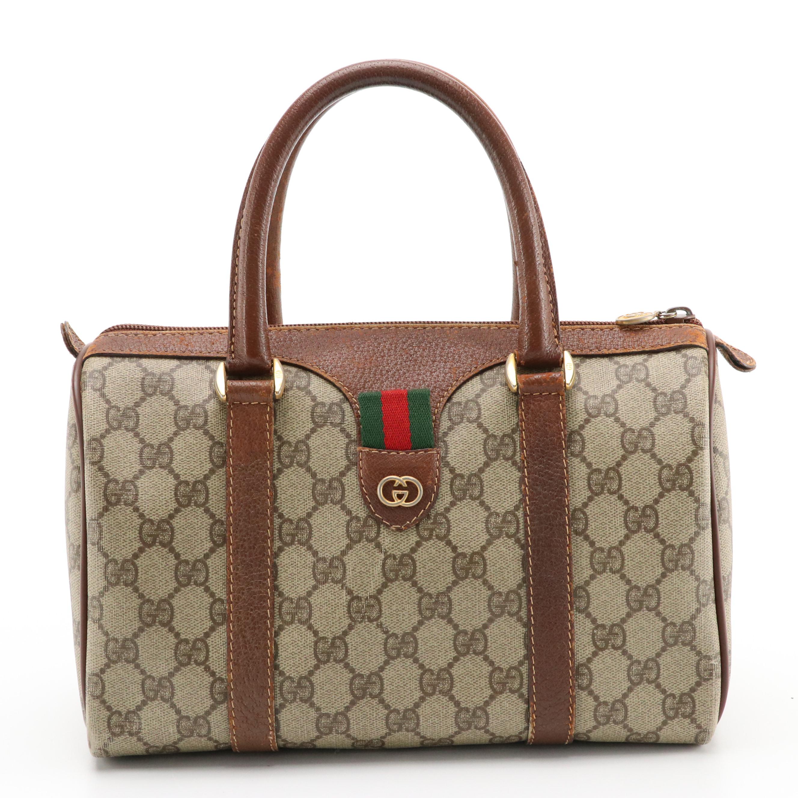 Gucci Boston Bag in GG Supreme Canvas, Brown Cinghiale Leather & Web Detailing