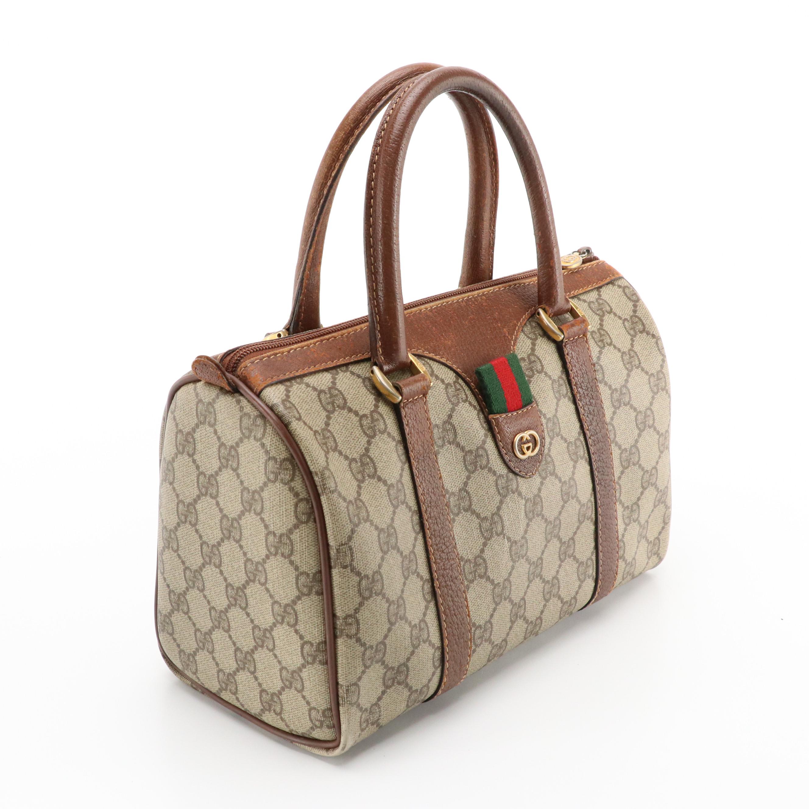 Gucci Boston Bag in GG Supreme Canvas, Brown Cinghiale Leather & Web Detailing