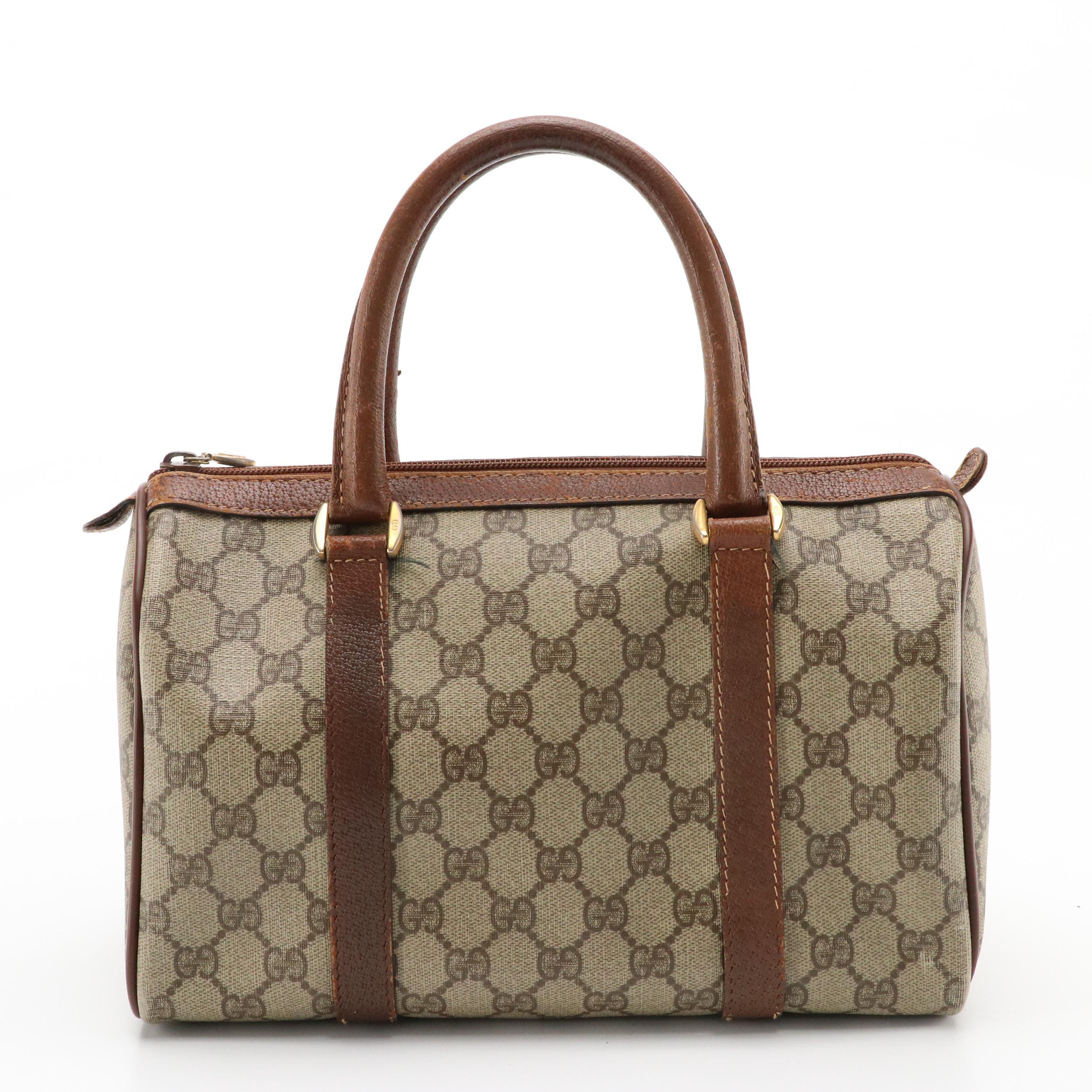 Gucci Boston Bag in GG Supreme Canvas, Brown Cinghiale Leather & Web Detailing