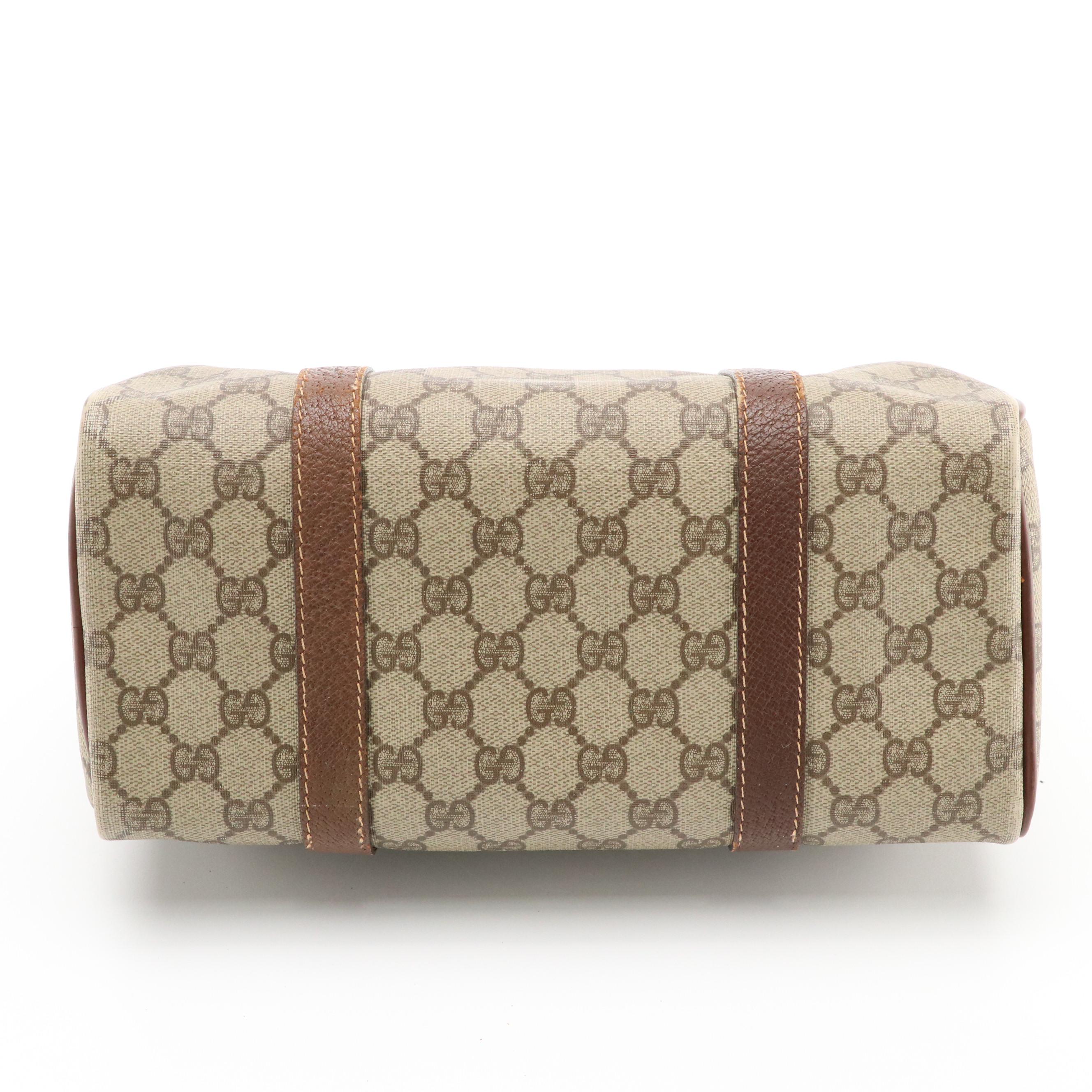 Gucci Boston Bag in GG Supreme Canvas, Brown Cinghiale Leather & Web Detailing