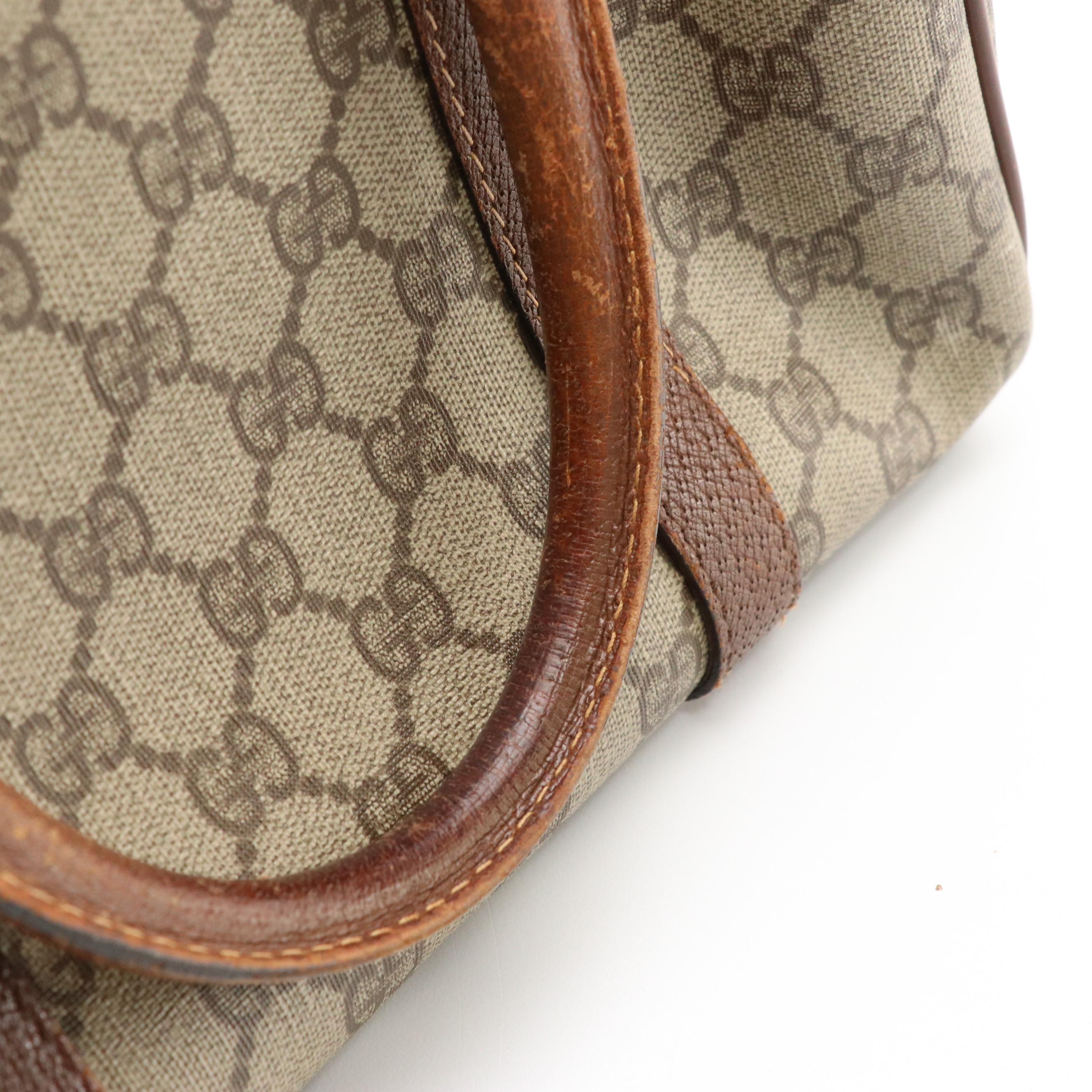 Gucci Boston Bag in GG Supreme Canvas, Brown Cinghiale Leather & Web Detailing