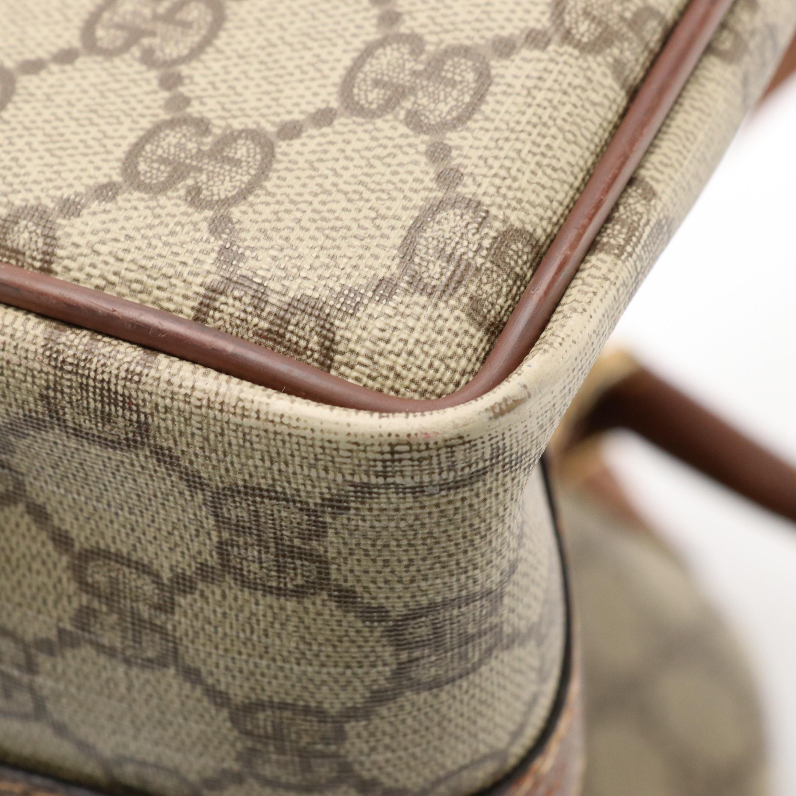 Gucci Boston Bag in GG Supreme Canvas, Brown Cinghiale Leather & Web Detailing