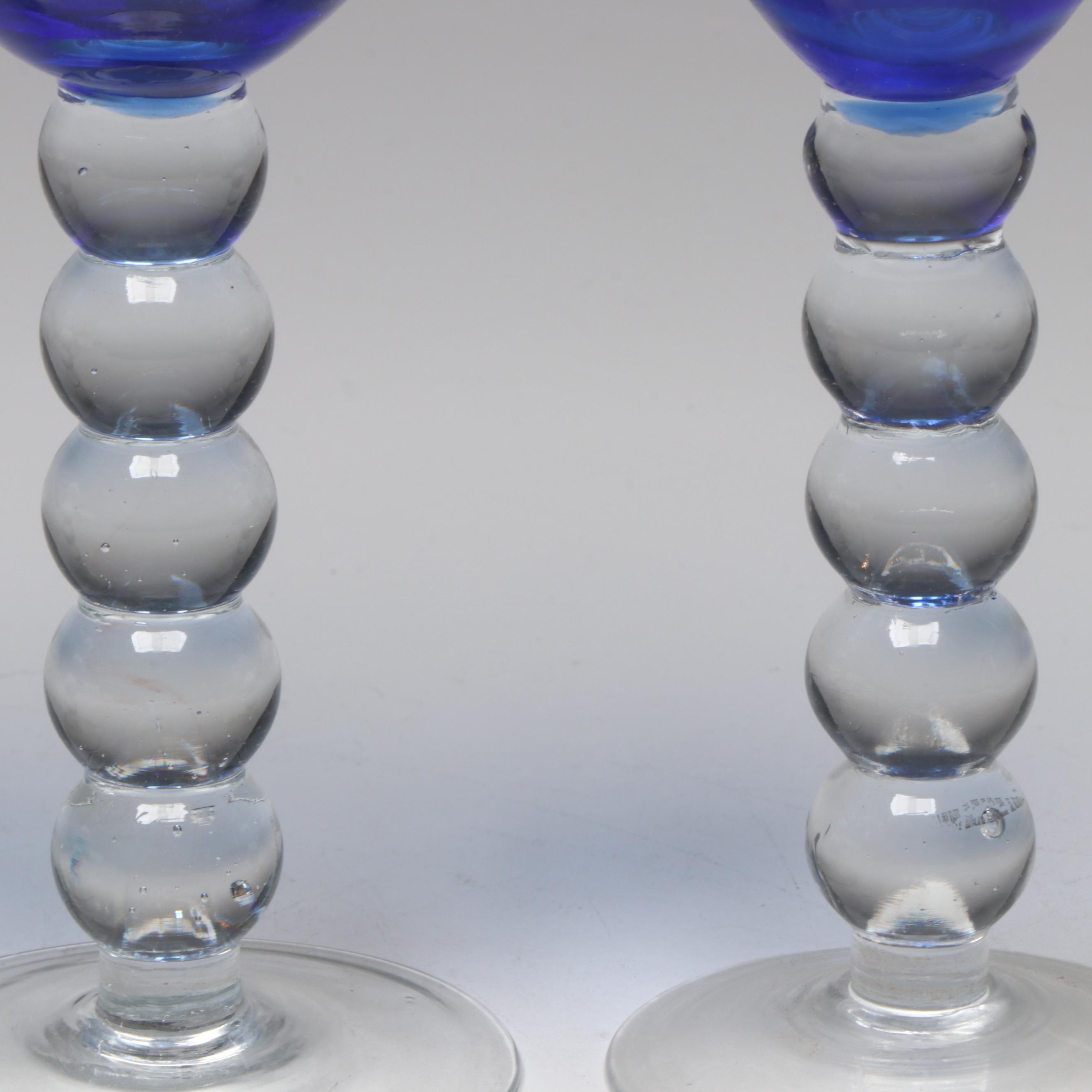 Blue Glass Pitcher and Bubble Stem Stemware