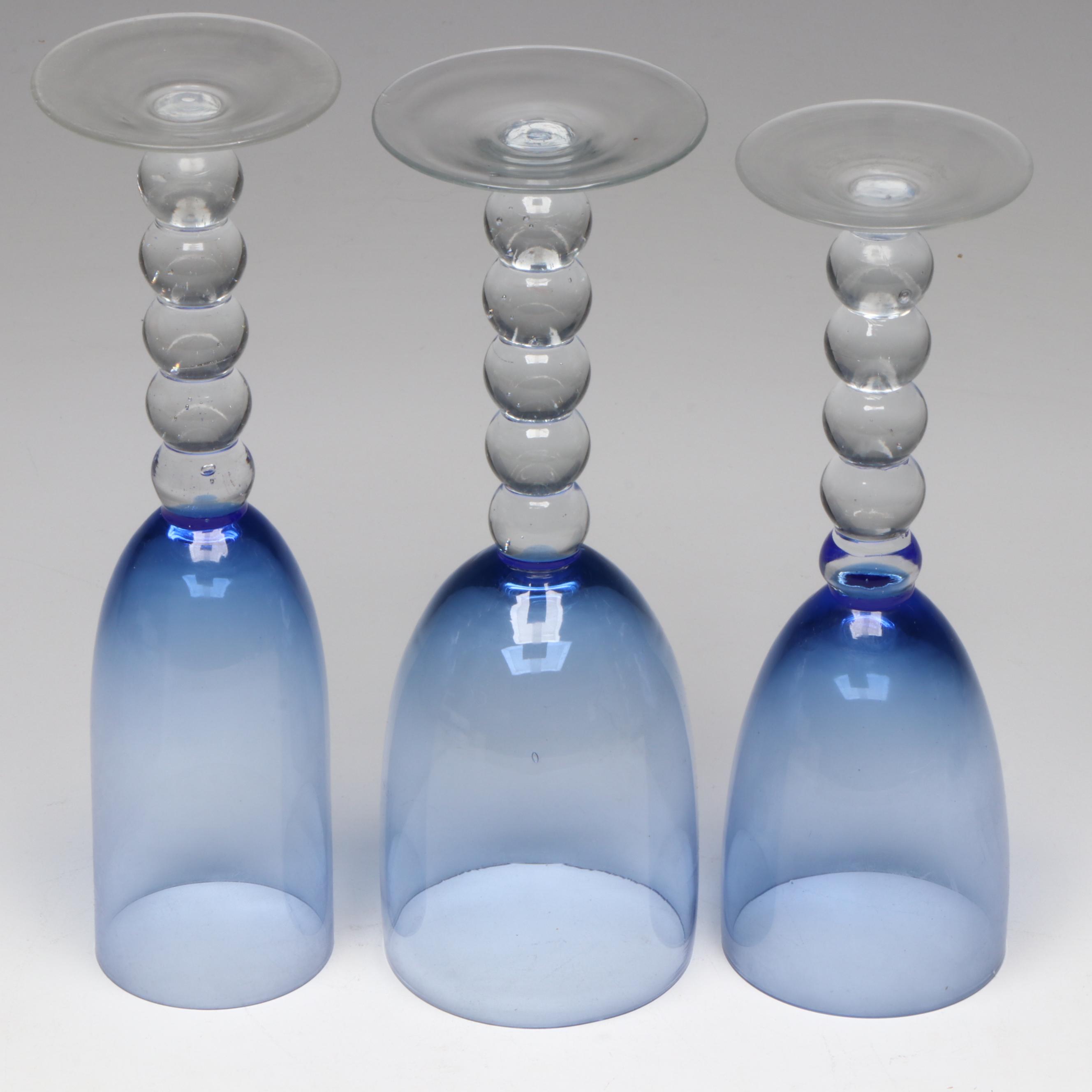 Blue Glass Pitcher and Bubble Stem Stemware