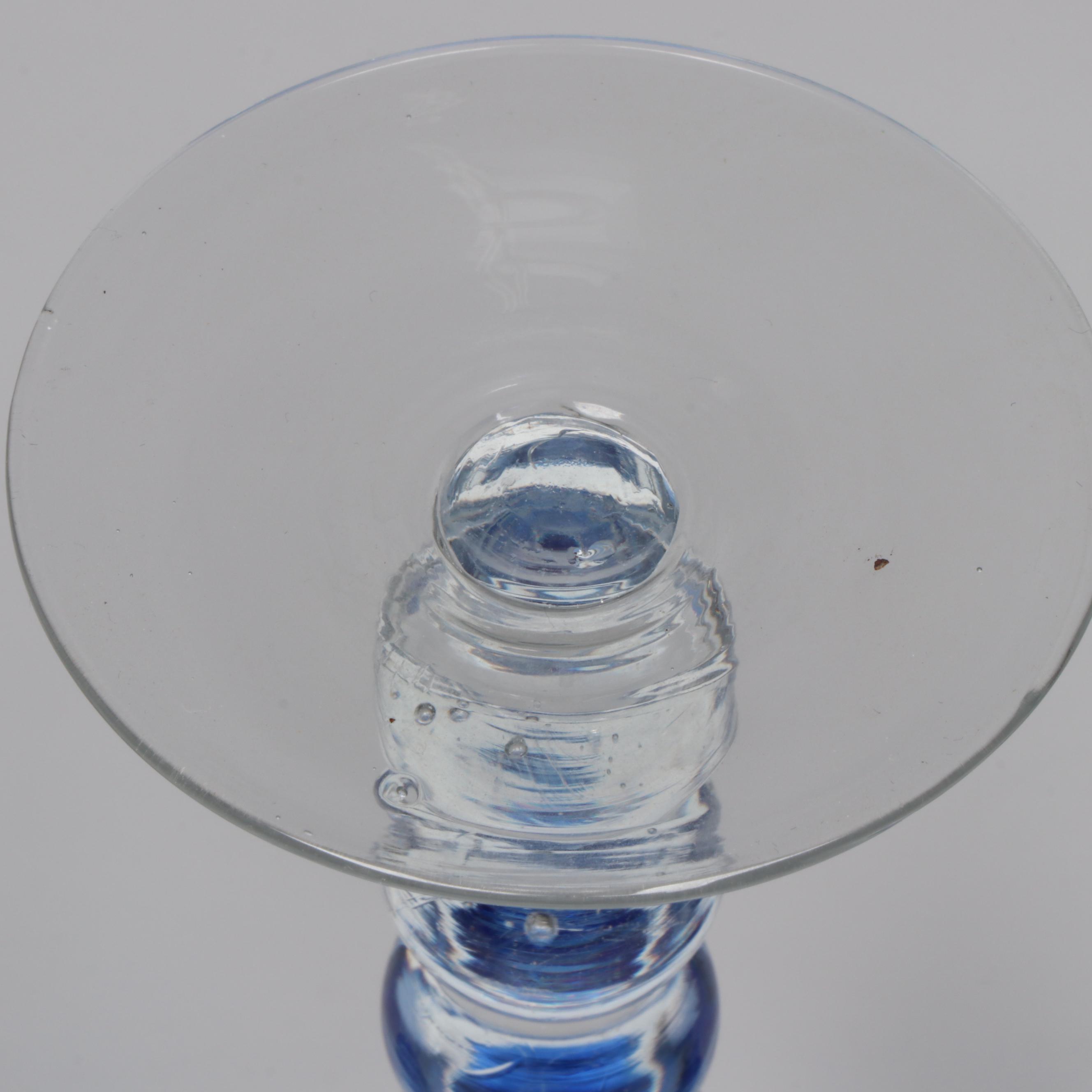 Blue Glass Pitcher and Bubble Stem Stemware