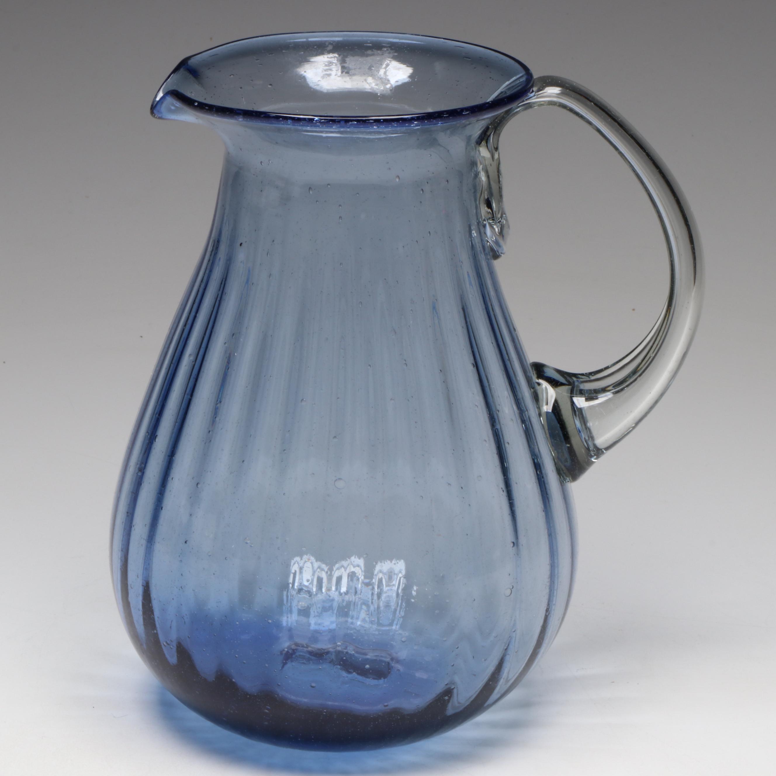 Blue Glass Pitcher and Bubble Stem Stemware