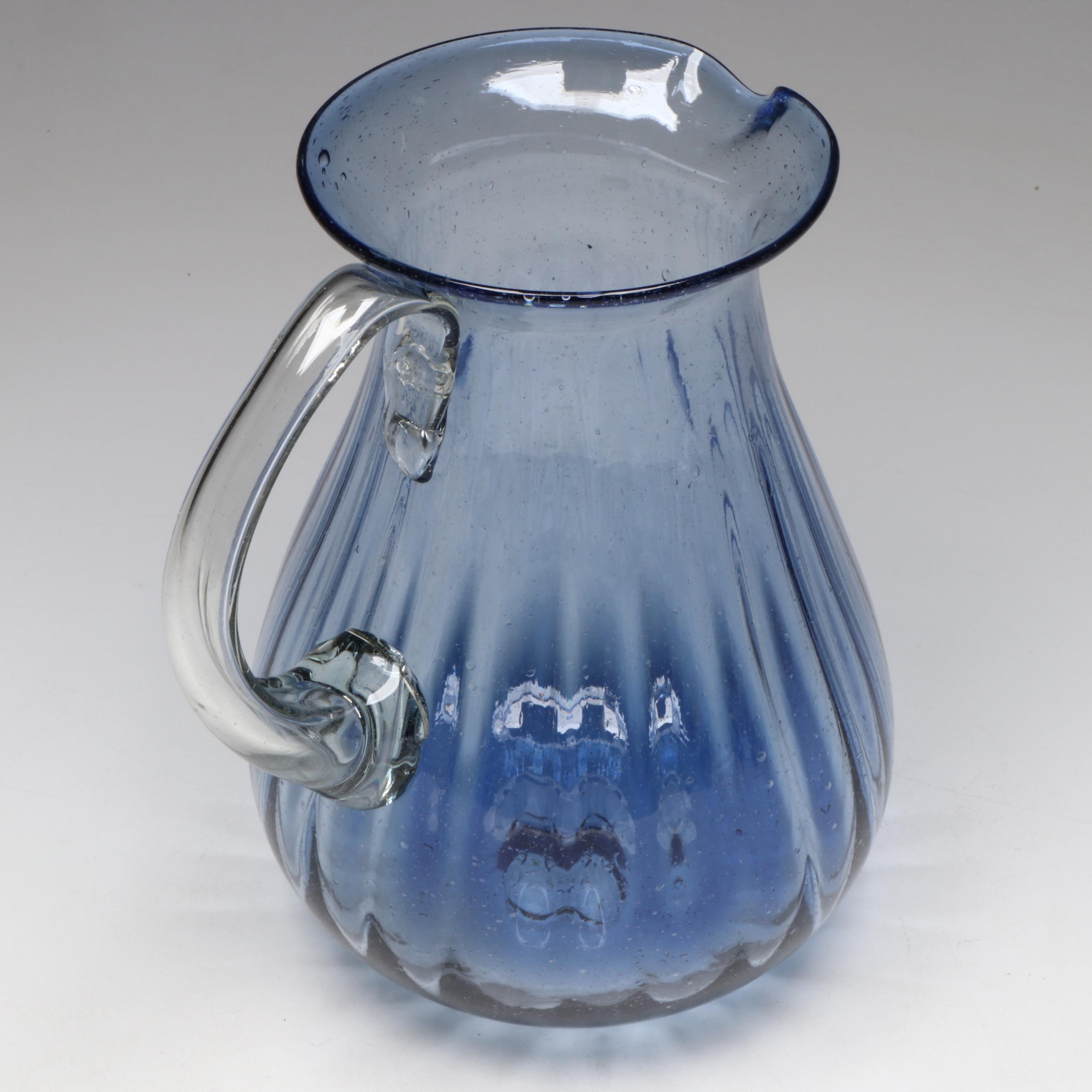 Blue Glass Pitcher and Bubble Stem Stemware