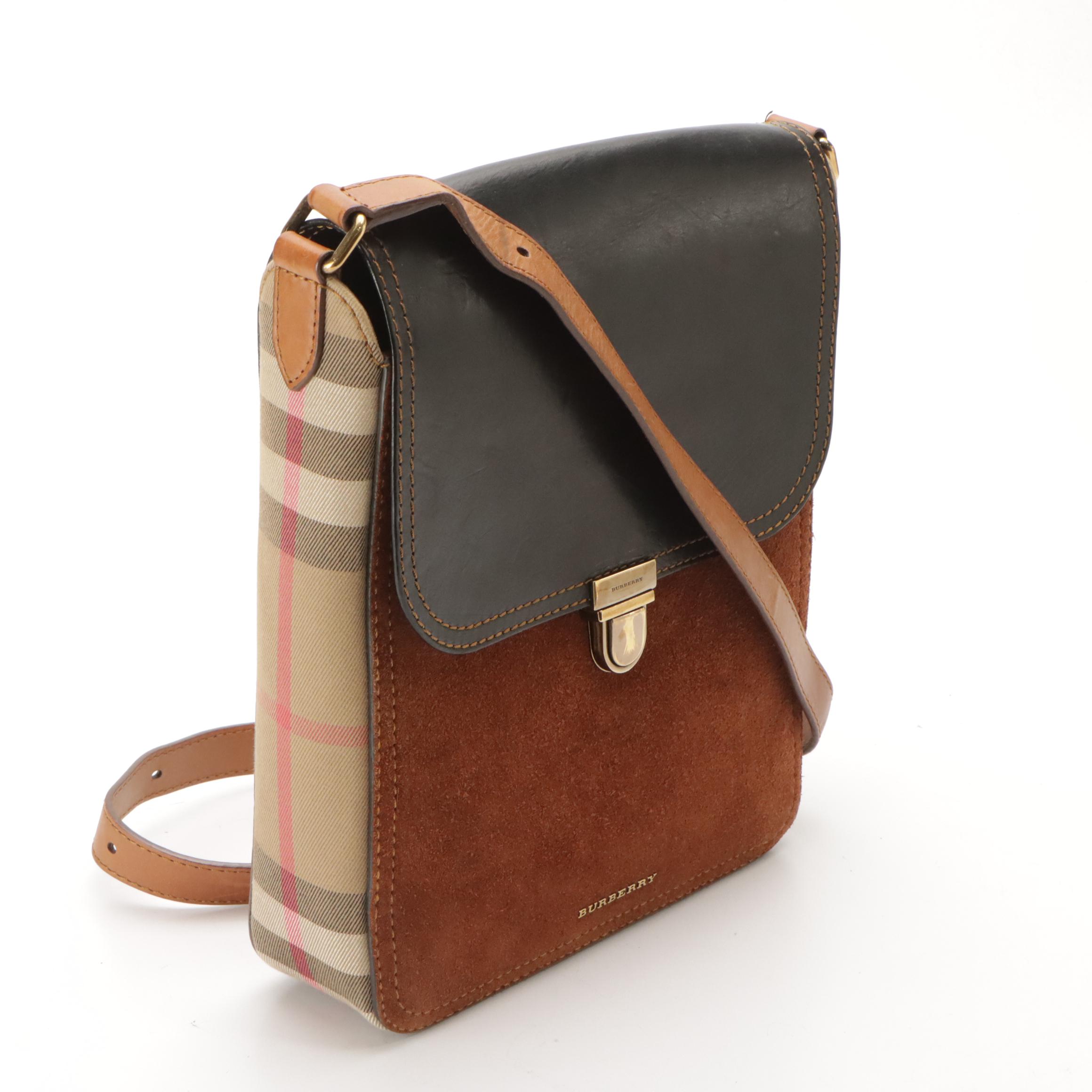 Burberry Saddle Crossbody Bag in Black Leather, Brown Suede & Check Canvas