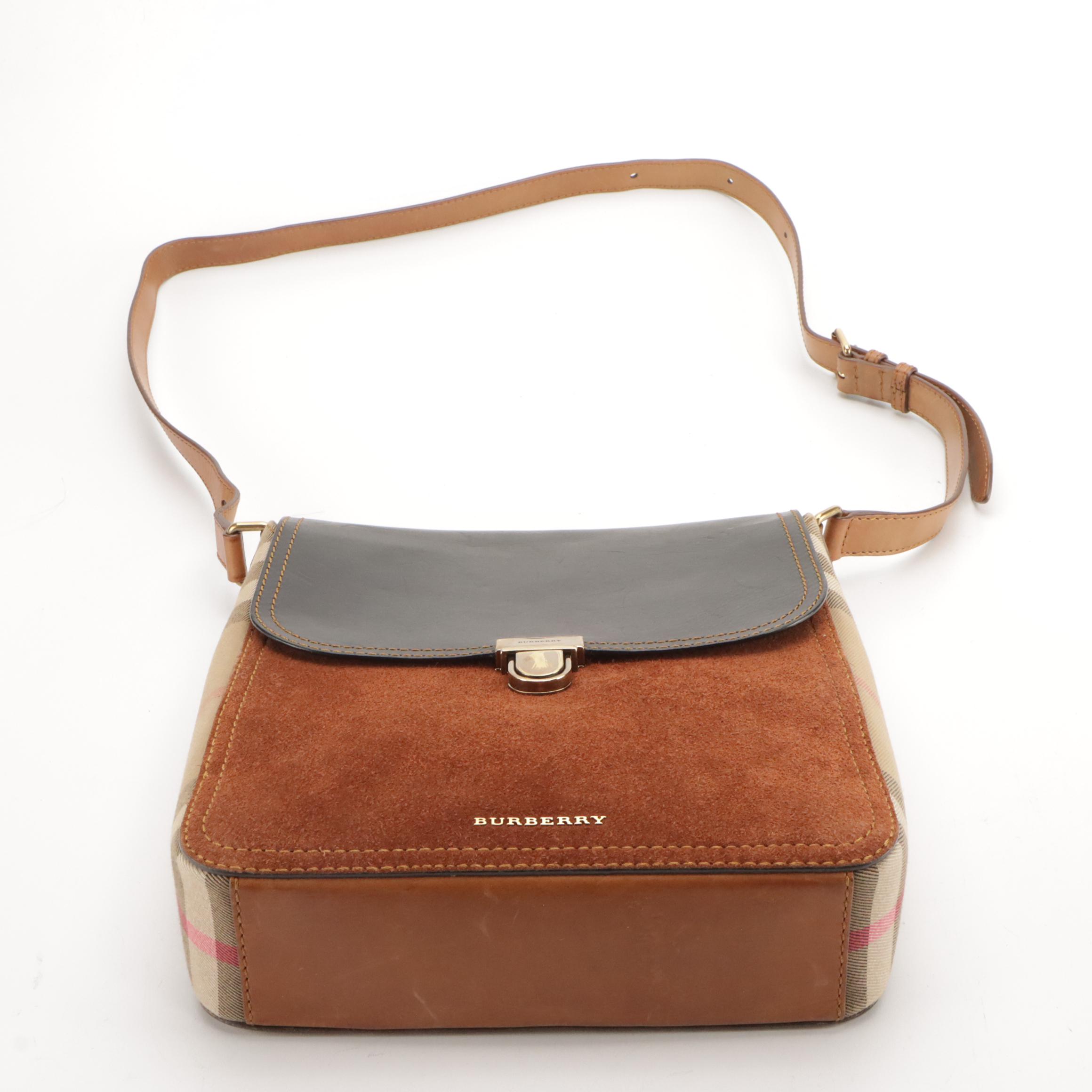 Burberry Saddle Crossbody Bag in Black Leather, Brown Suede & Check Canvas