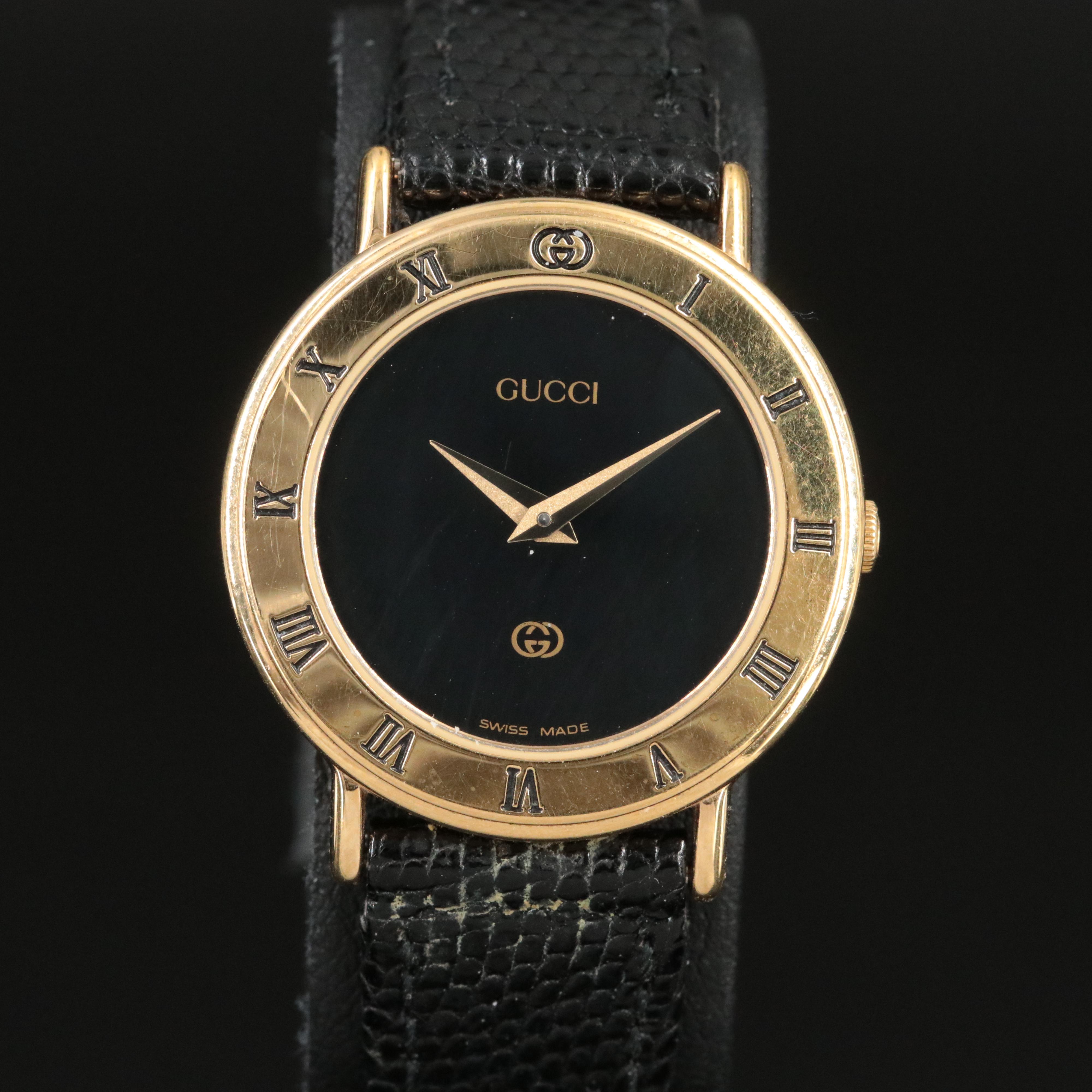 Classic Gucci Black Dial Gold Bezel Quartz Watch