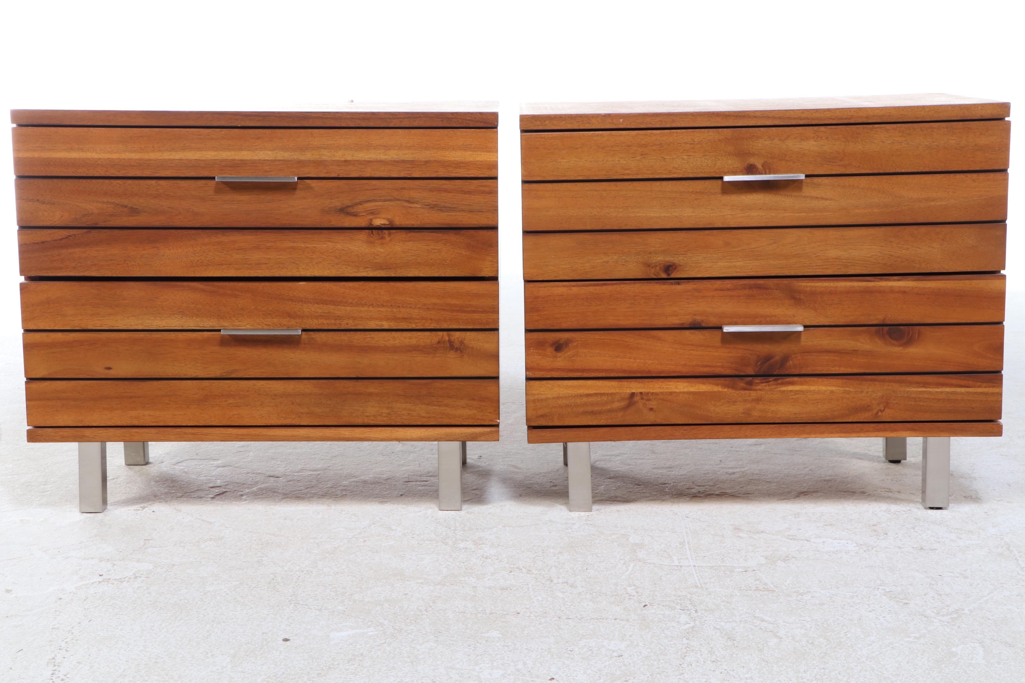 Pair of CB2 "Linear" Acacia-Veneered and Brushed Metal Two-Drawer Nightstands