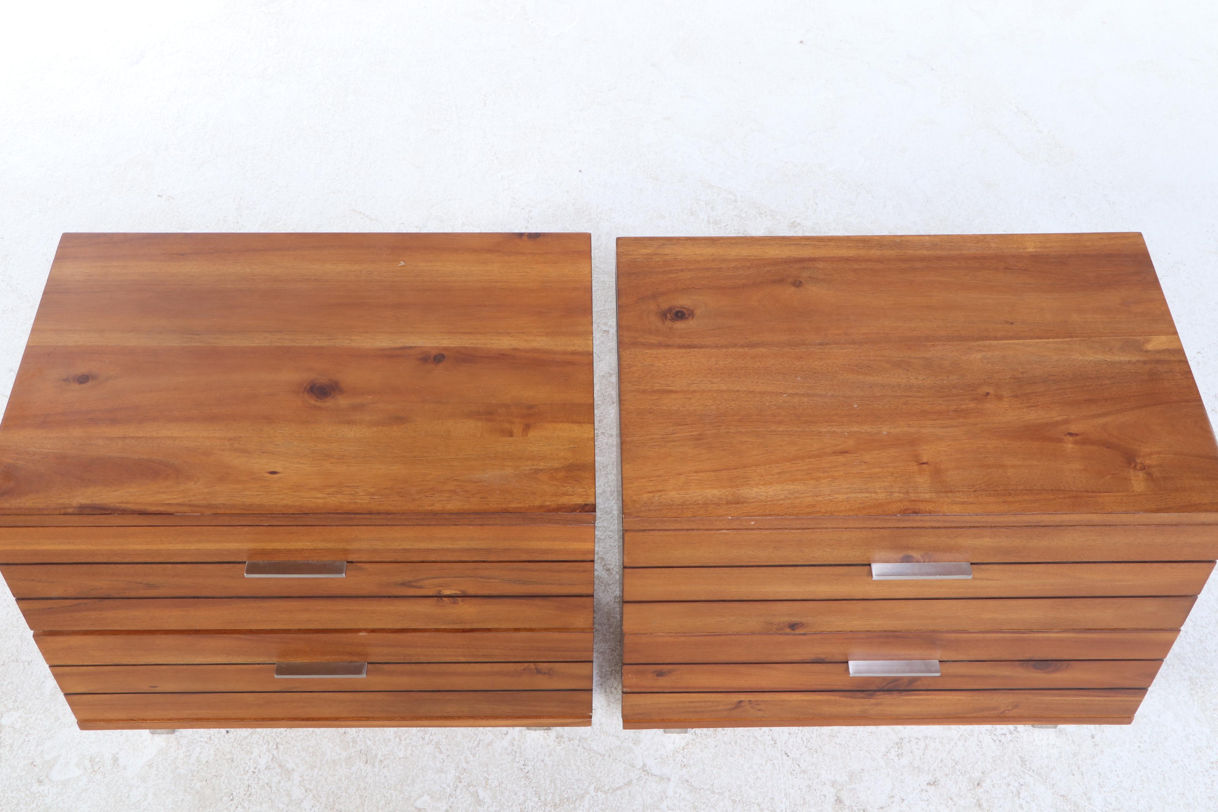 Pair of CB2 "Linear" Acacia-Veneered and Brushed Metal Two-Drawer Nightstands