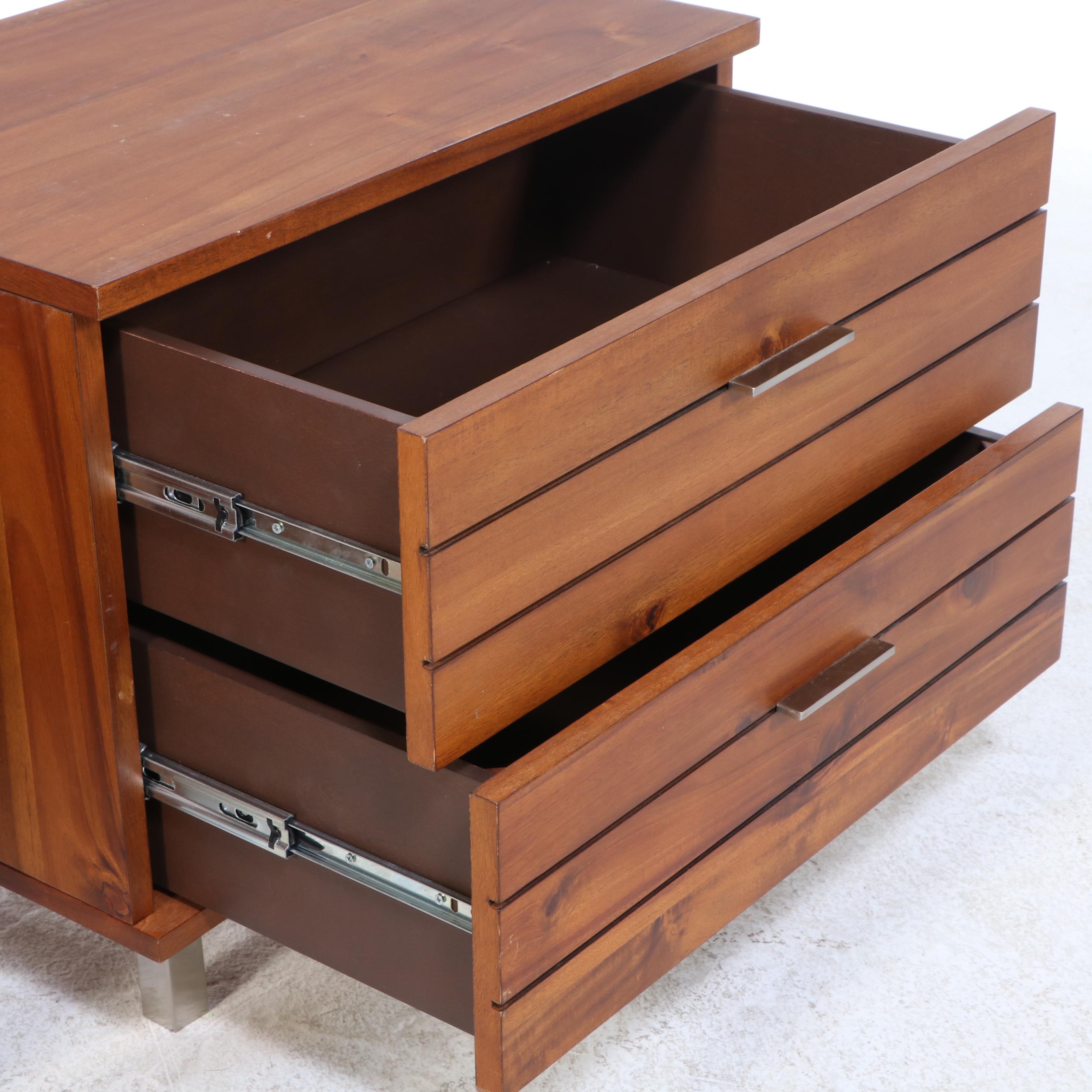 Pair of CB2 "Linear" Acacia-Veneered and Brushed Metal Two-Drawer Nightstands