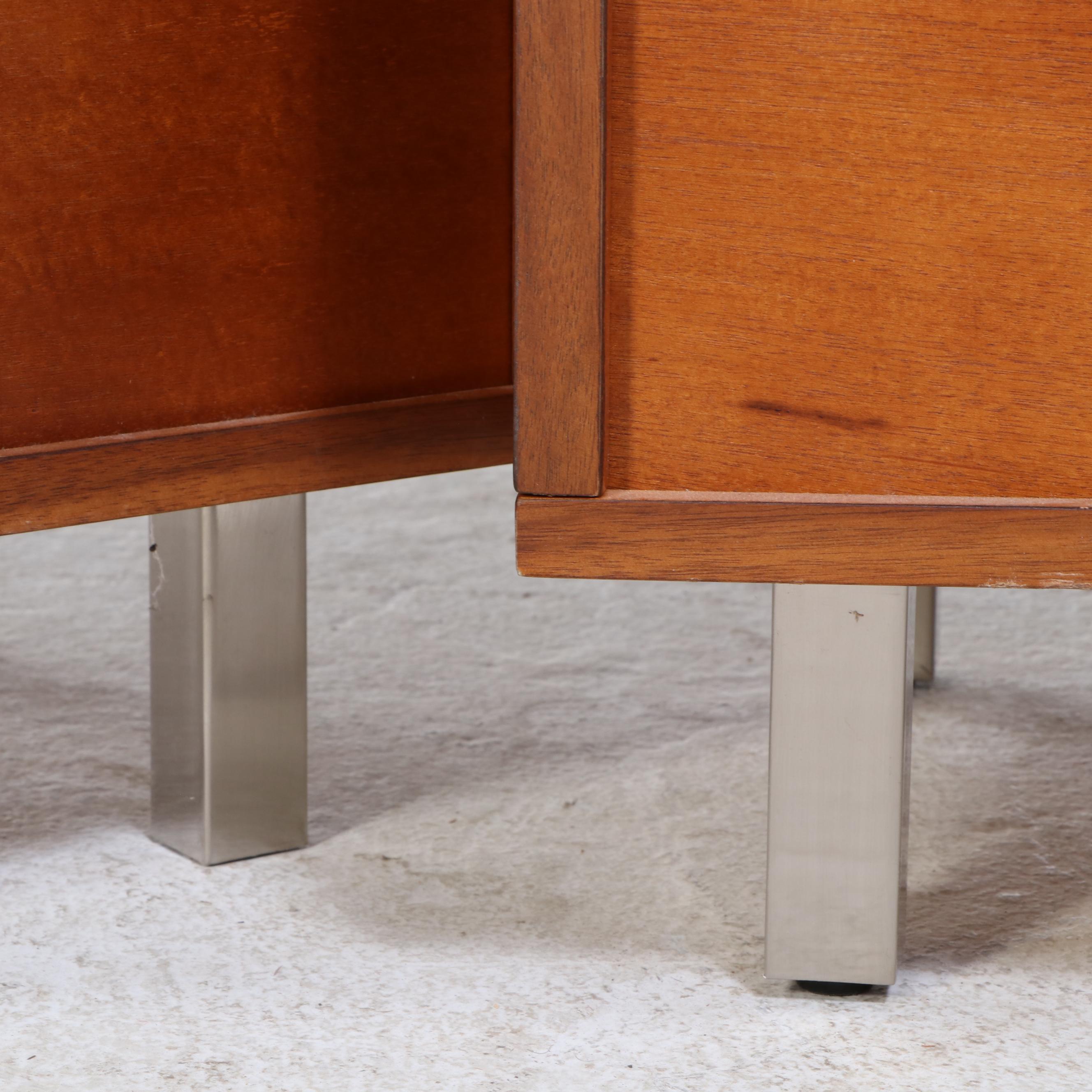 Pair of CB2 "Linear" Acacia-Veneered and Brushed Metal Two-Drawer Nightstands