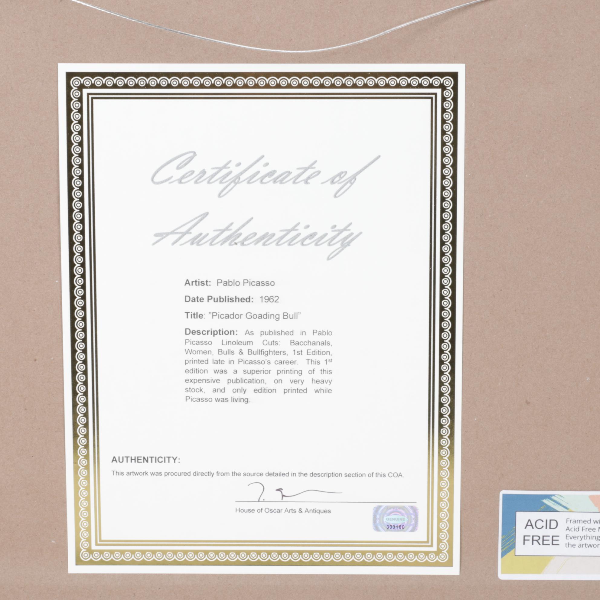 Pablo Picasso Linocut "Picador Goading Bull," 1962