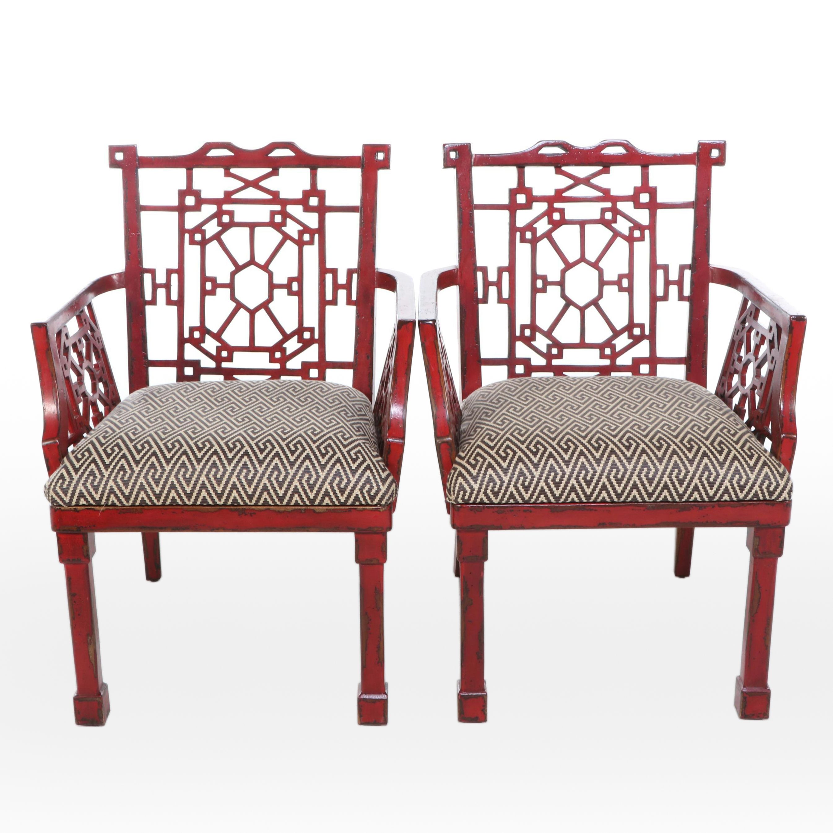 Pair of Uttermost "Camdon" Chinese Chippendale Style Red-Lacquered Armchairs
