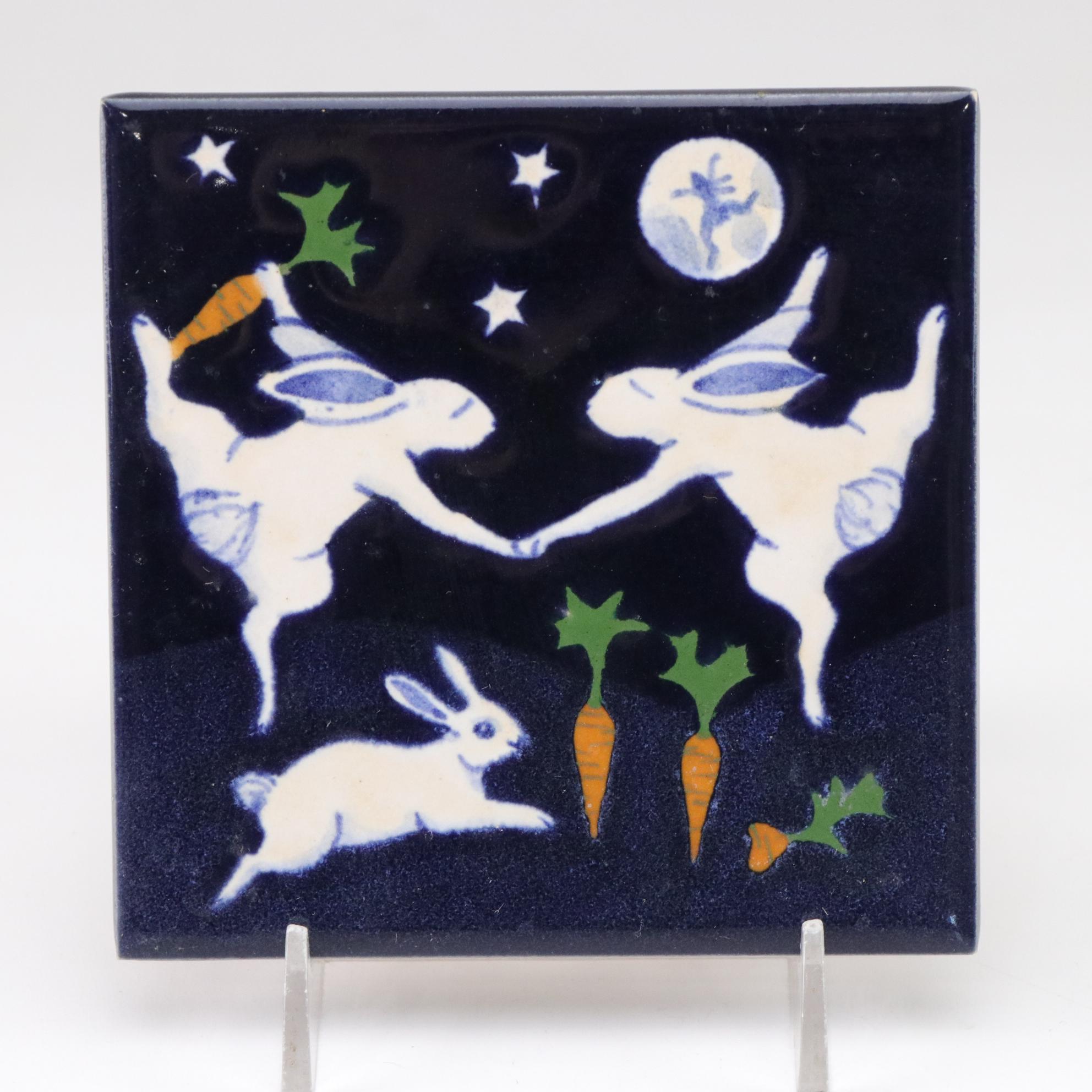 Hartstone Pottery "Blue Checks" Stoneware with H&R Johnson "Rabbit Moon" Tile