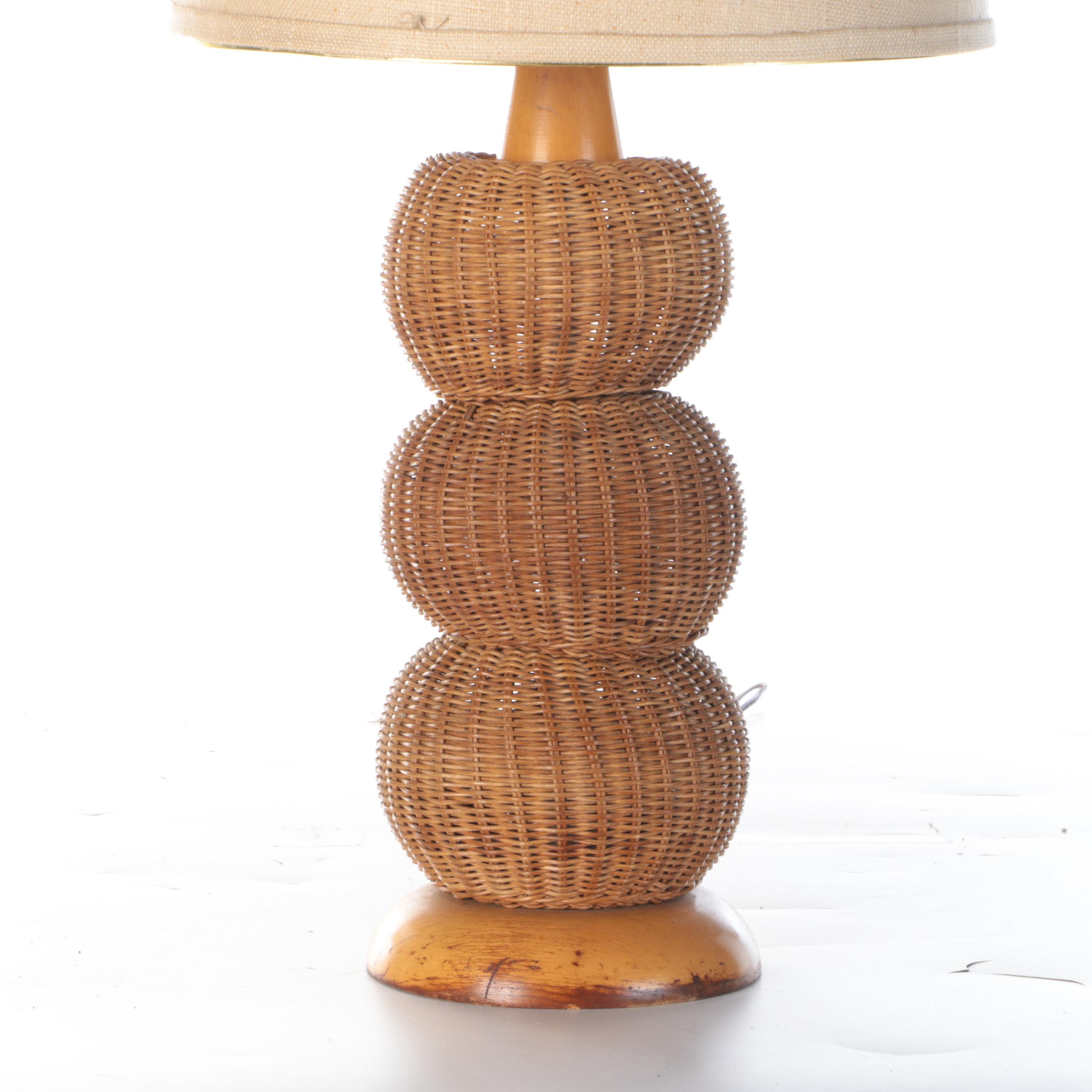 Wicker Woven Rattan Stacked Orb Table Lamp, Vintage