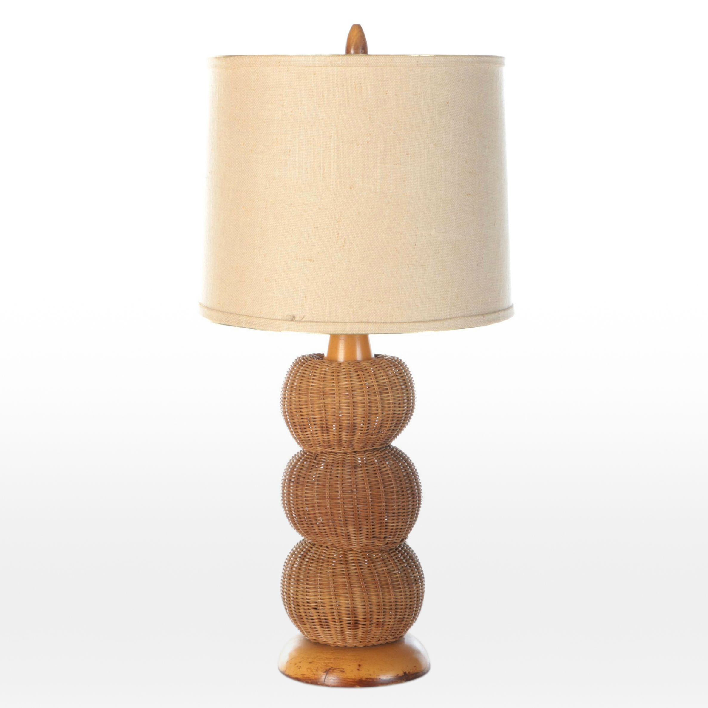 Wicker Woven Rattan Stacked Orb Table Lamp, Vintage