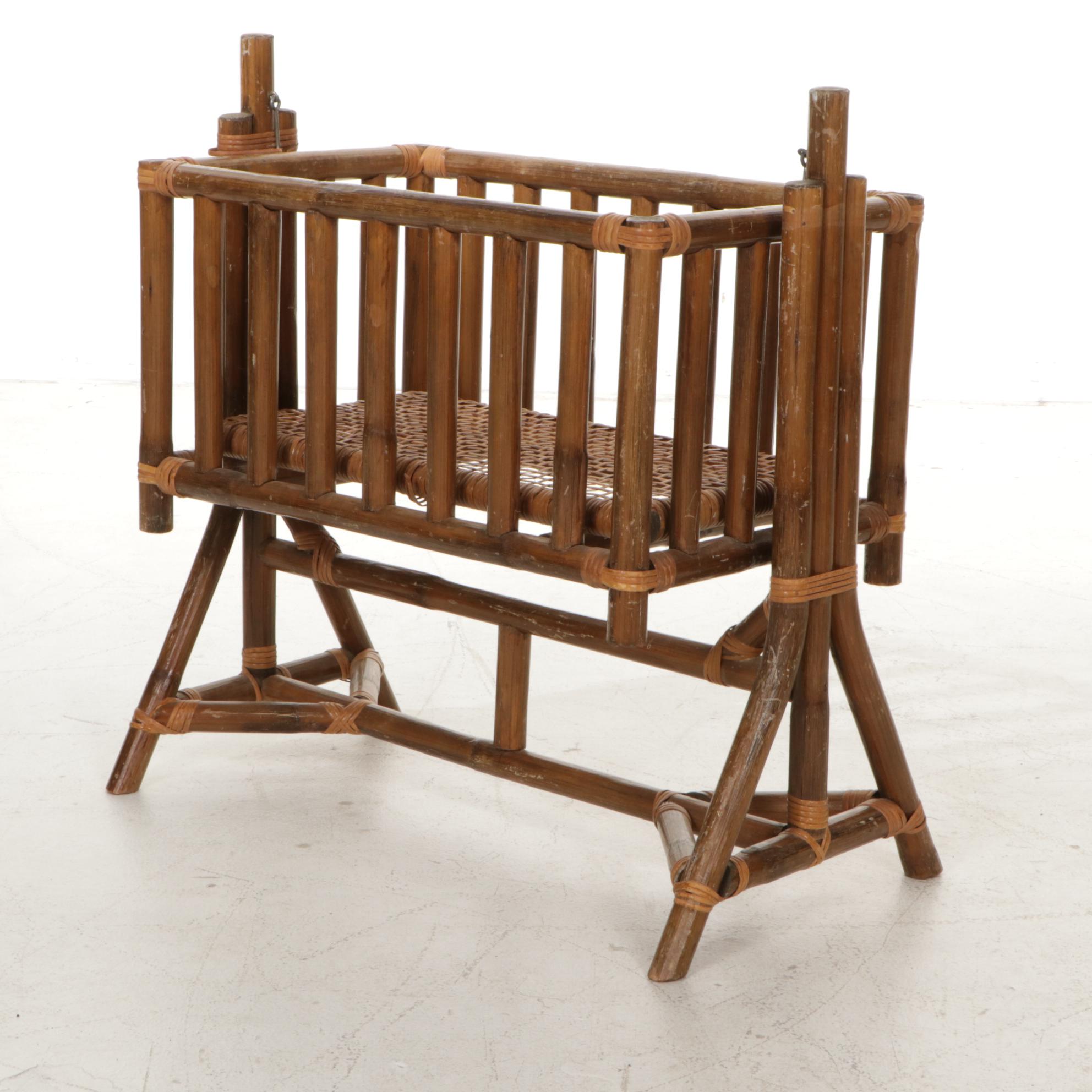 Rattan and Cane Wicker Swinging Bassinet, Early to Mid-20th Century
