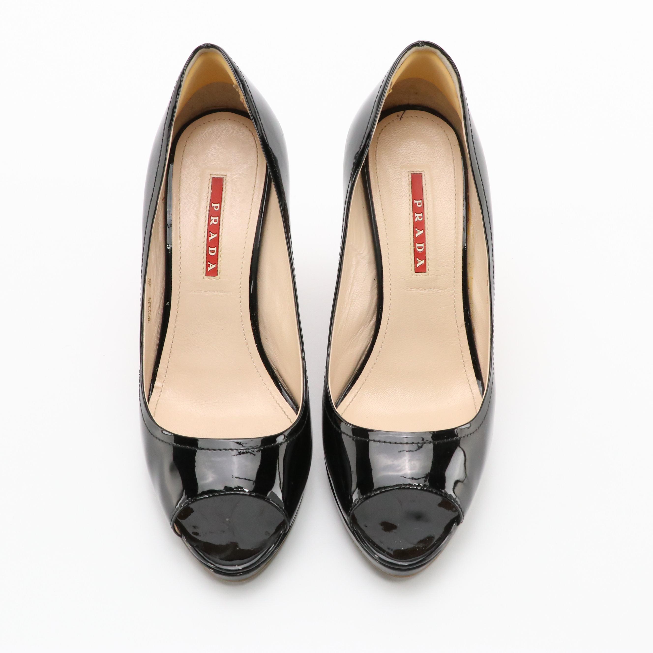 Prada Wicker Woven Peep-Toe Wedges in Black Patent Leather, with Box