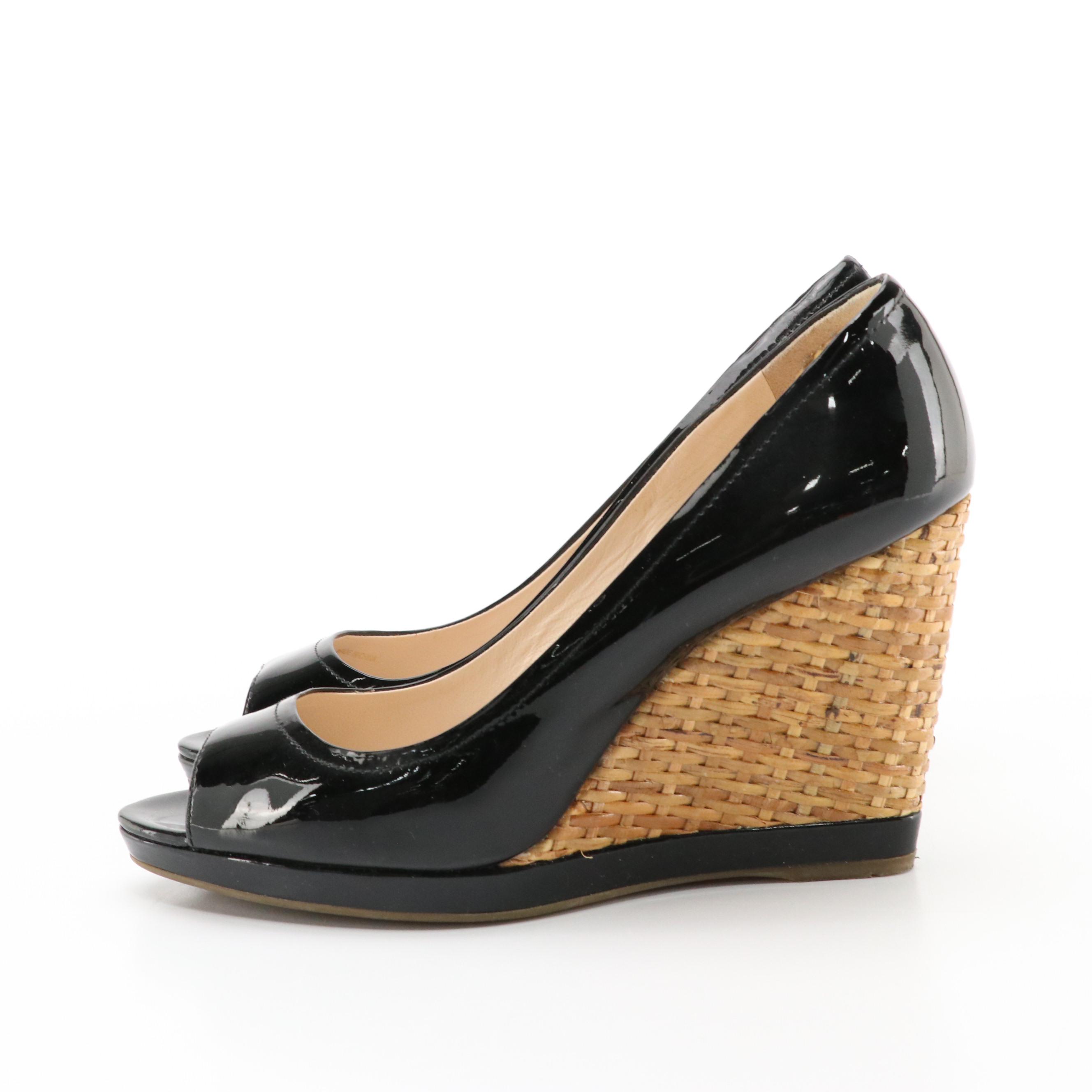 Prada Wicker Woven Peep-Toe Wedges in Black Patent Leather, with Box
